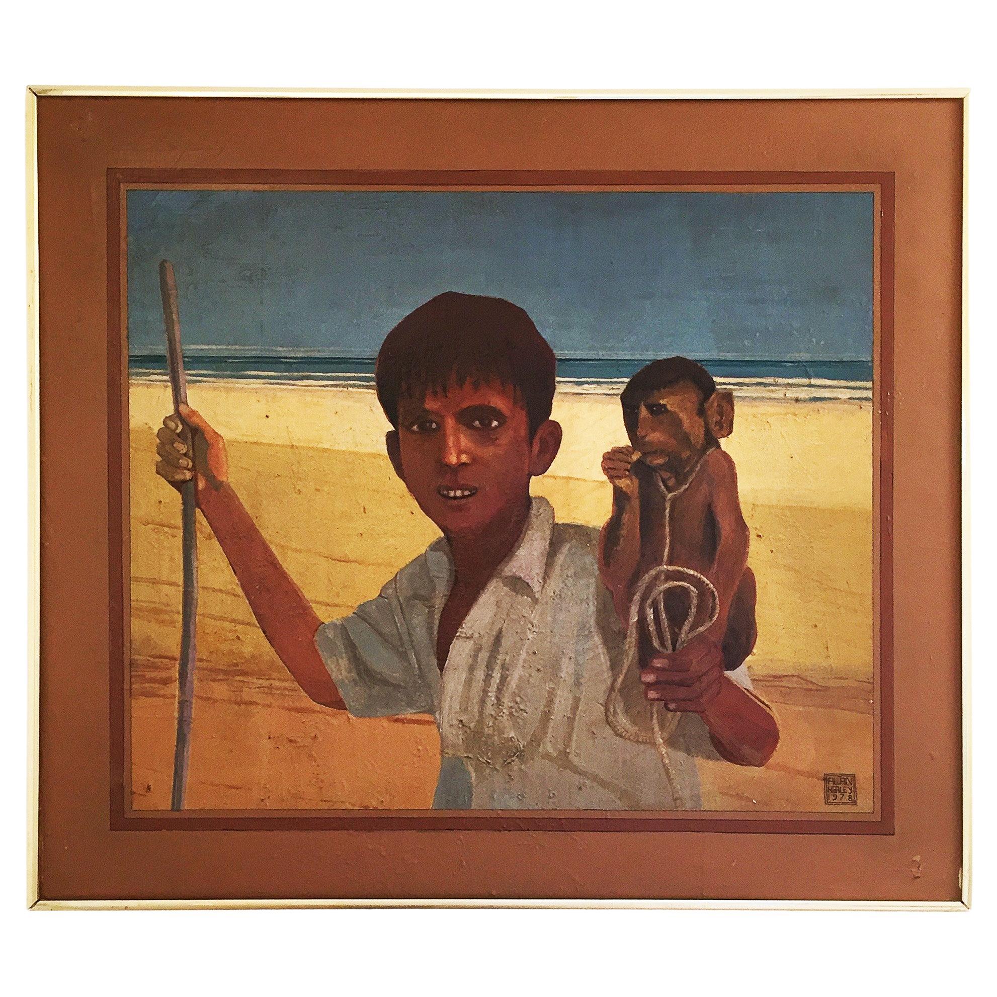 Exotic Vintage Painting by Alan Healey 1970s Framed Art Deco African Monkey