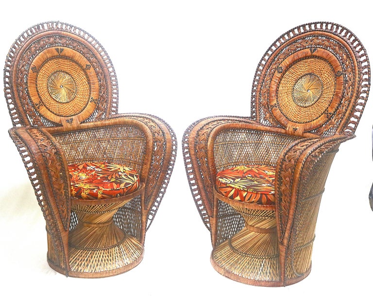 Exotic Wicker Throne Peacock Chairs Very Rare, Medallion Back