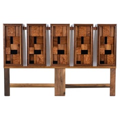 Exotic Wood and Glass Block Mosaic Brutalist King Headboard Bed