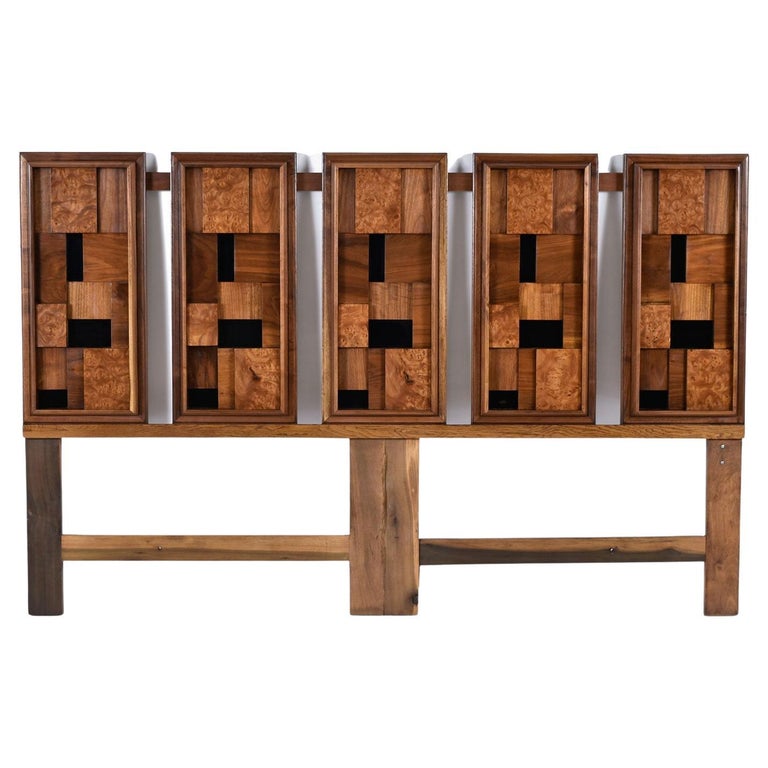 Exotic Wood and Glass Block Mosaic Brutalist King Headboard Bed For