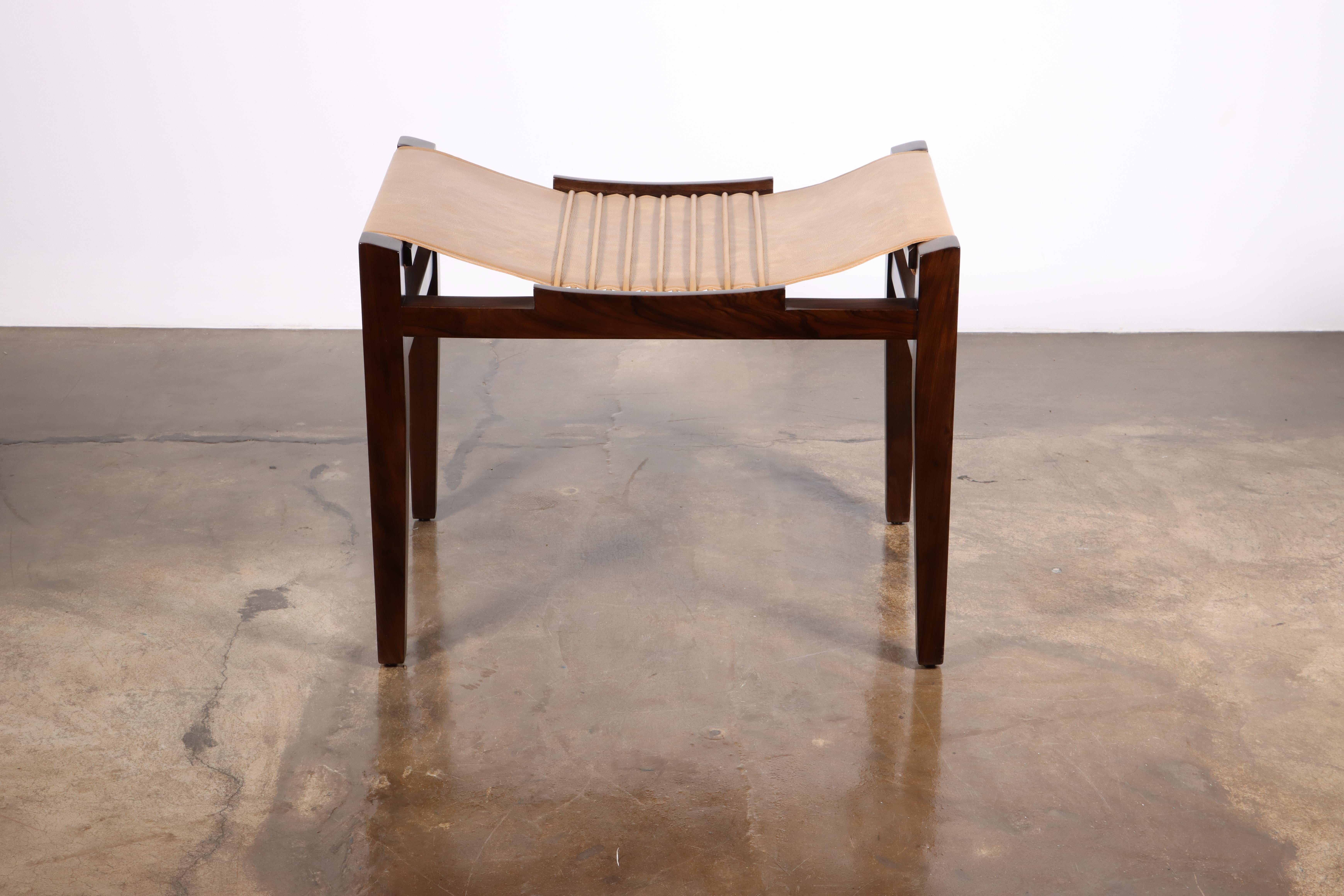 Modern Exotic Wood and Leather Stool in Argentine Rosewood by Costantini Design, Luzio For Sale