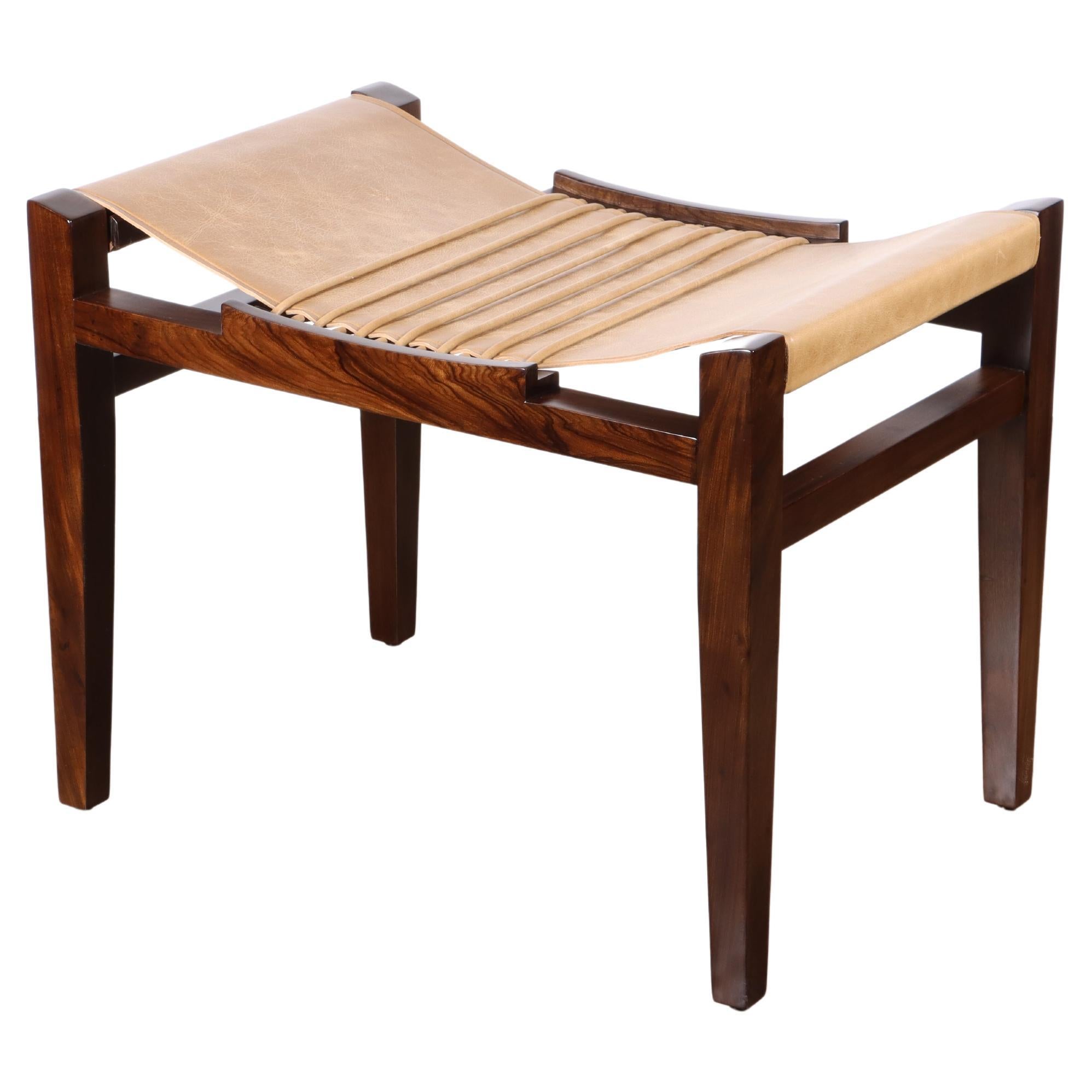 Exotic Wood and Leather Stool in Argentine Rosewood by Costantini Design, Luzio For Sale