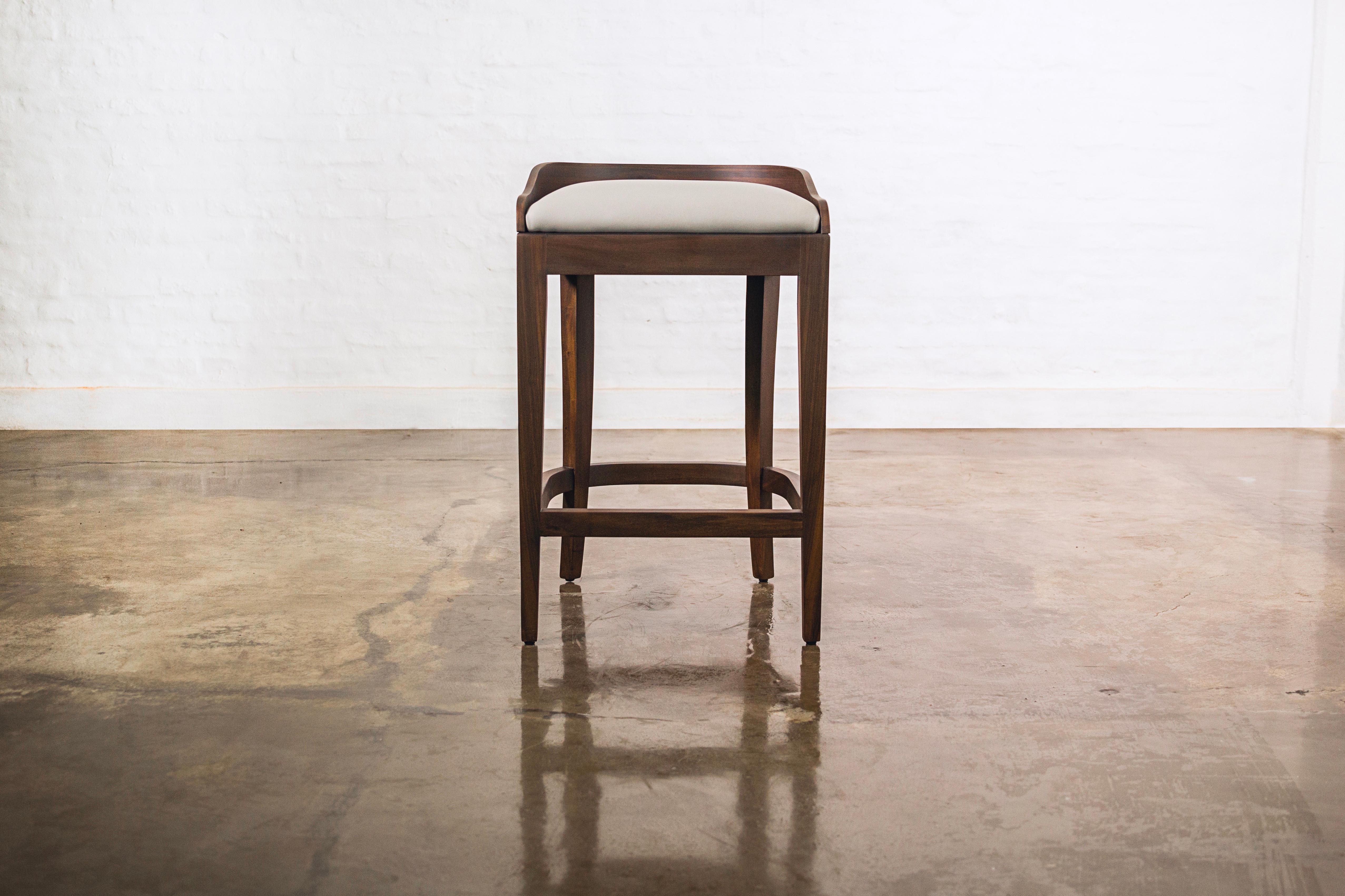 Set of 4 Exotic Wood and Leather Counter Stools from Costantini, (In