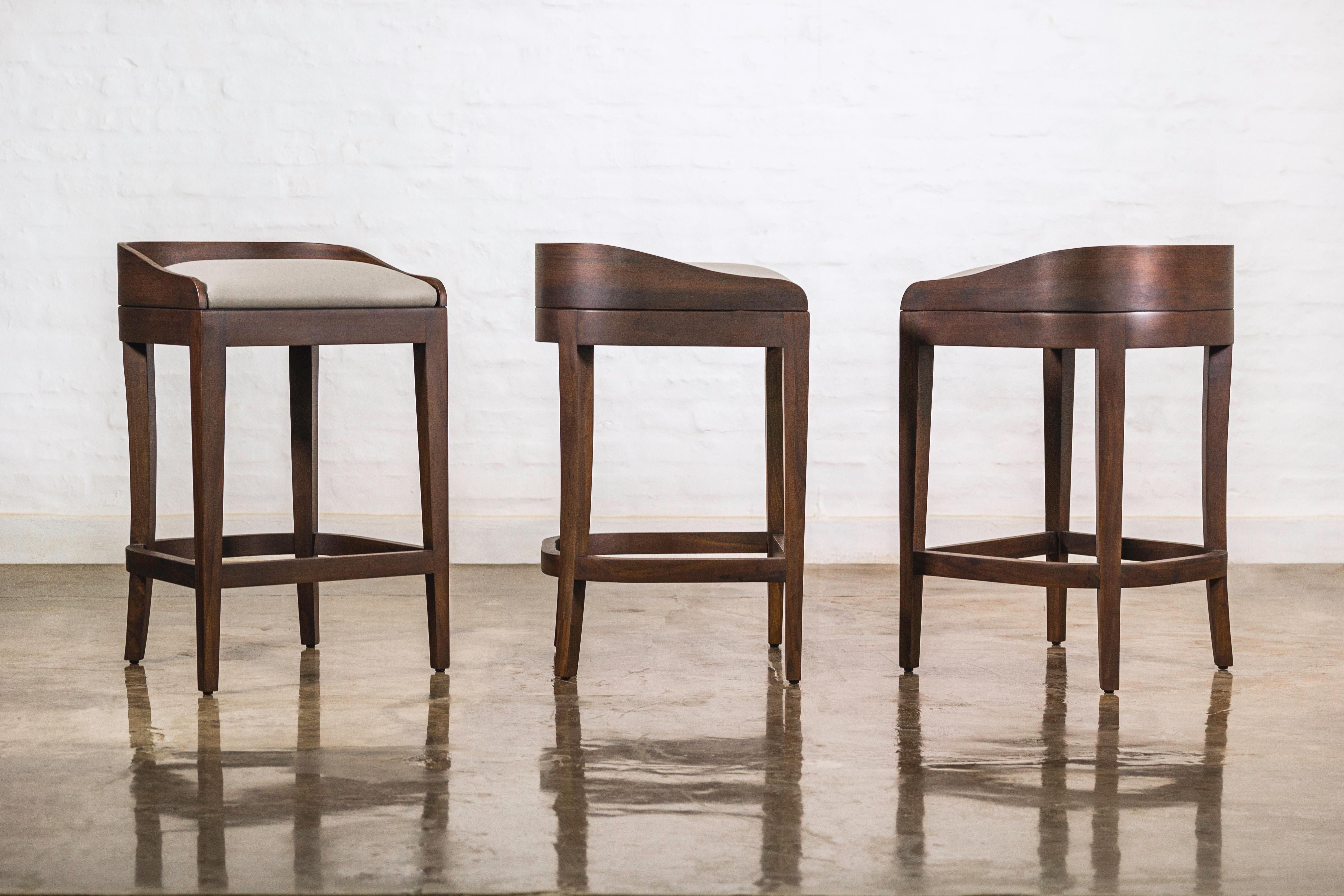 Set of 4 Exotic Wood and Leather Counter Stools from Costantini, (In