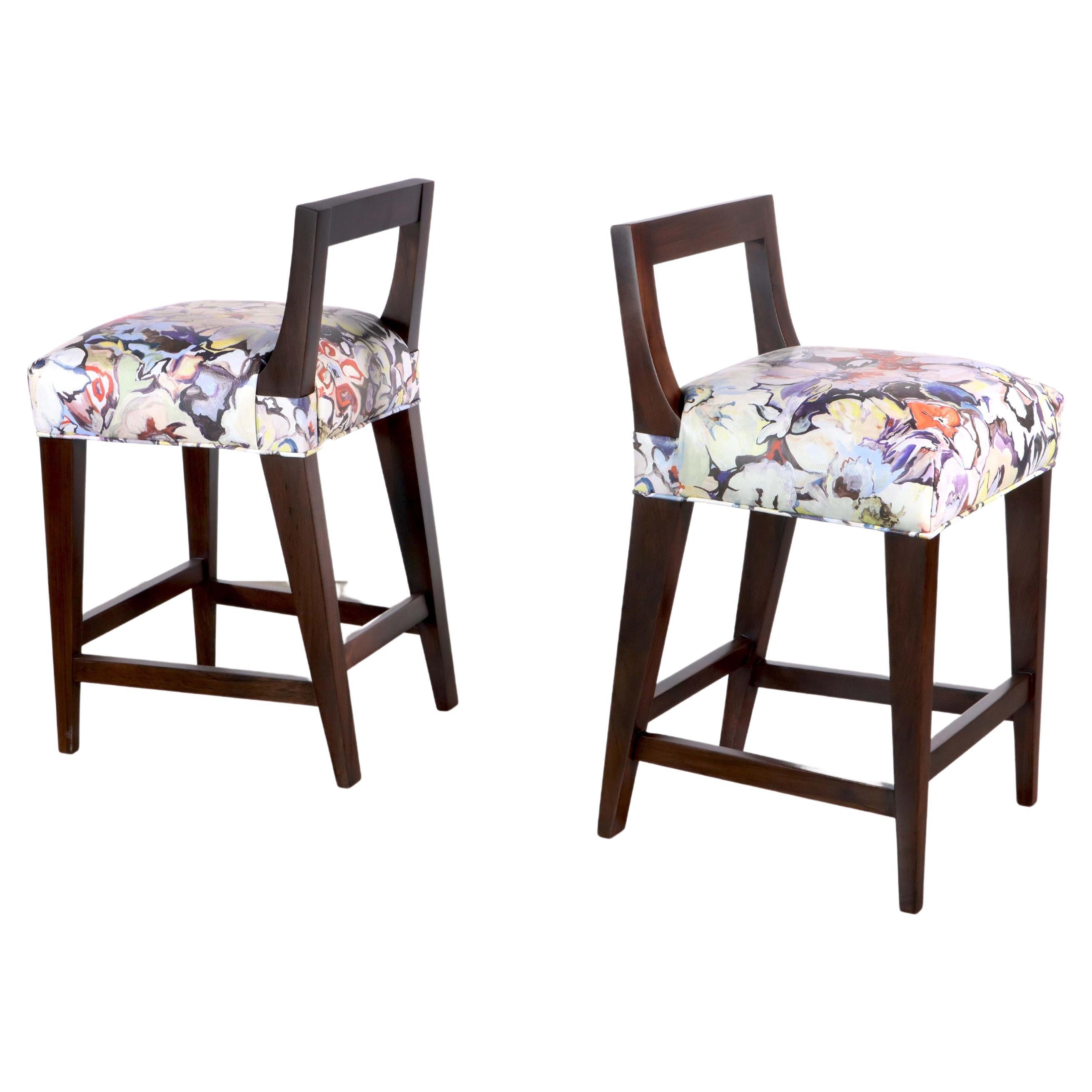 Tabouret contemporain en Wood exotique et cuir floral de Costantini, Ecco en vente