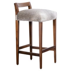 Exotic Wood Contemporary Stool in Gray Hair Hide, Umberto, In Stock