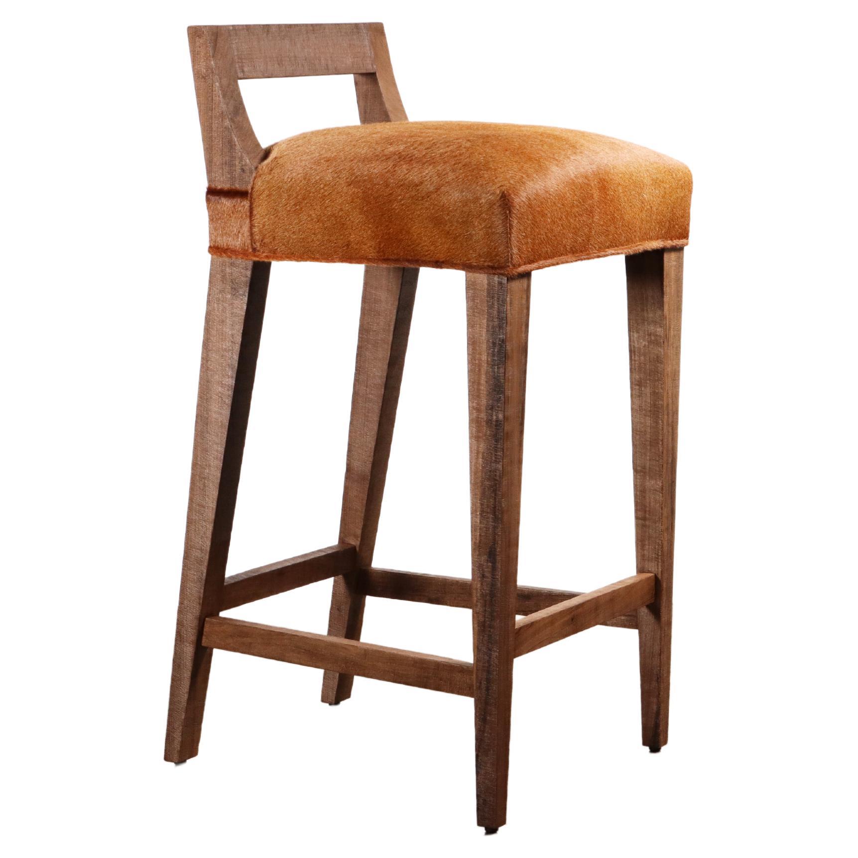 Exotic Wood Contemporary Stool in Hair Hide Leather from Costantini, Ecco