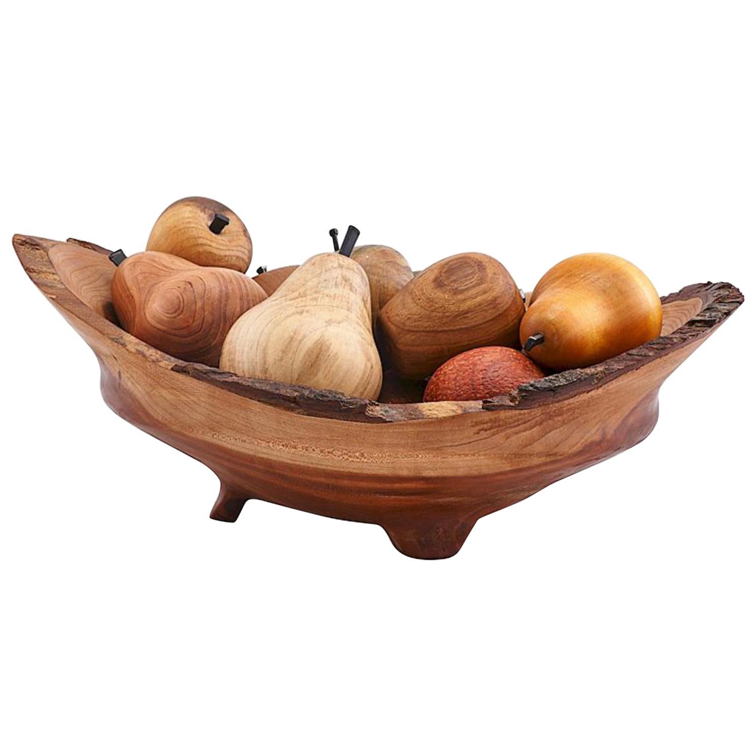Exotic Wood Hand Carved and Turned Bowl of Fruit Sculpture Centerpiece