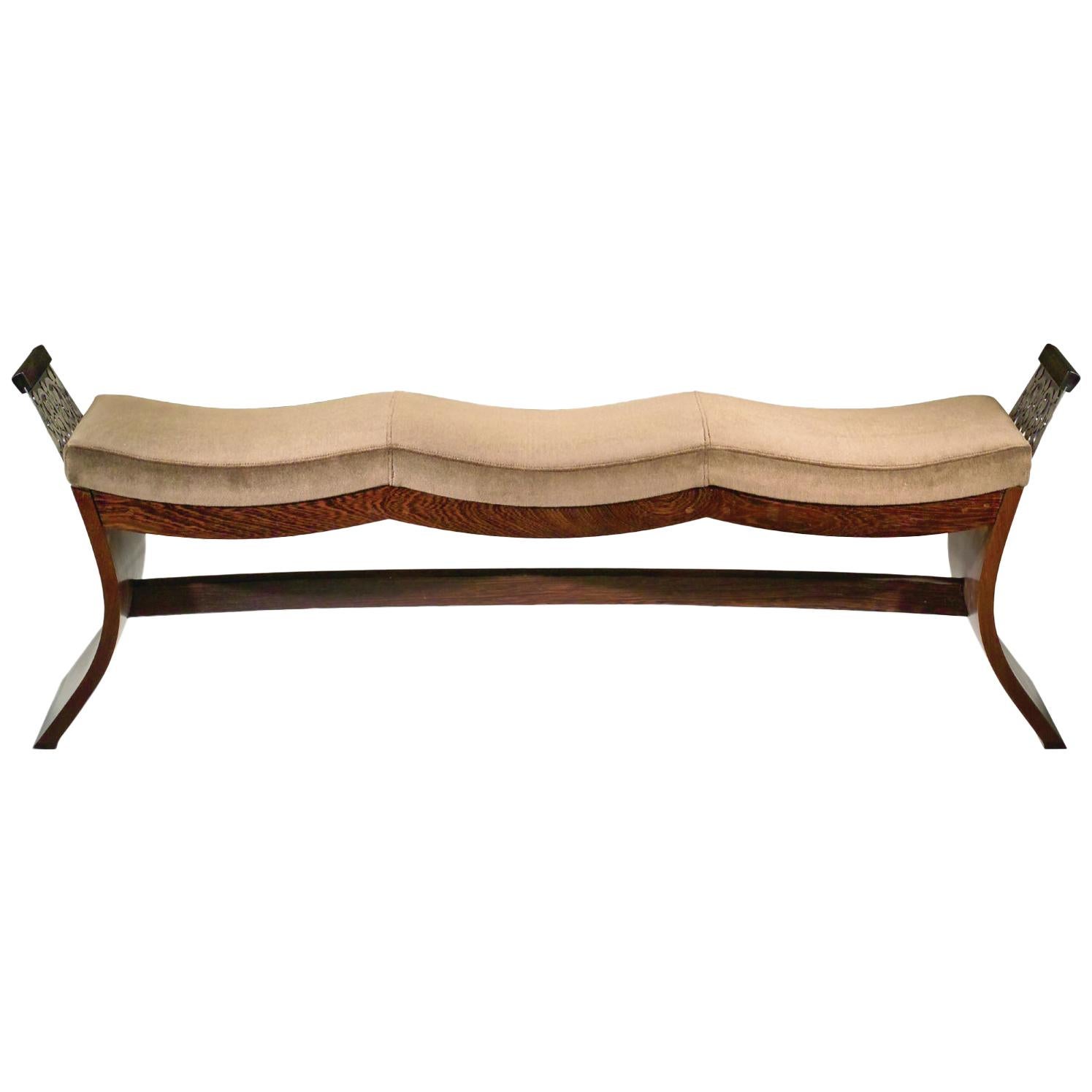 Exotic Wood, Metal, and Upholstered Bench For Sale