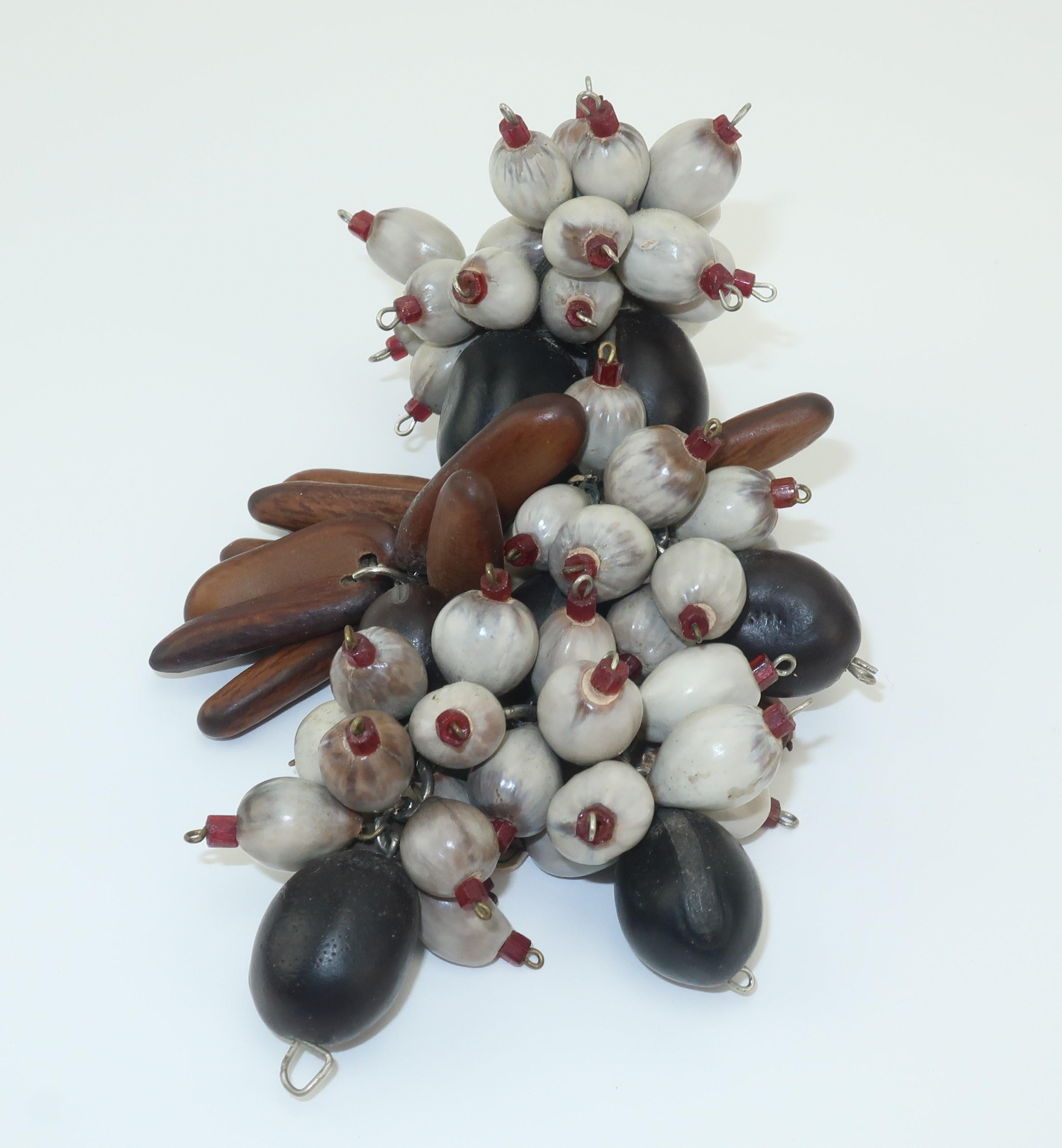 Artisan Exotic Wood & Seed Bead Organic Dress Clip Brooch, C.1940