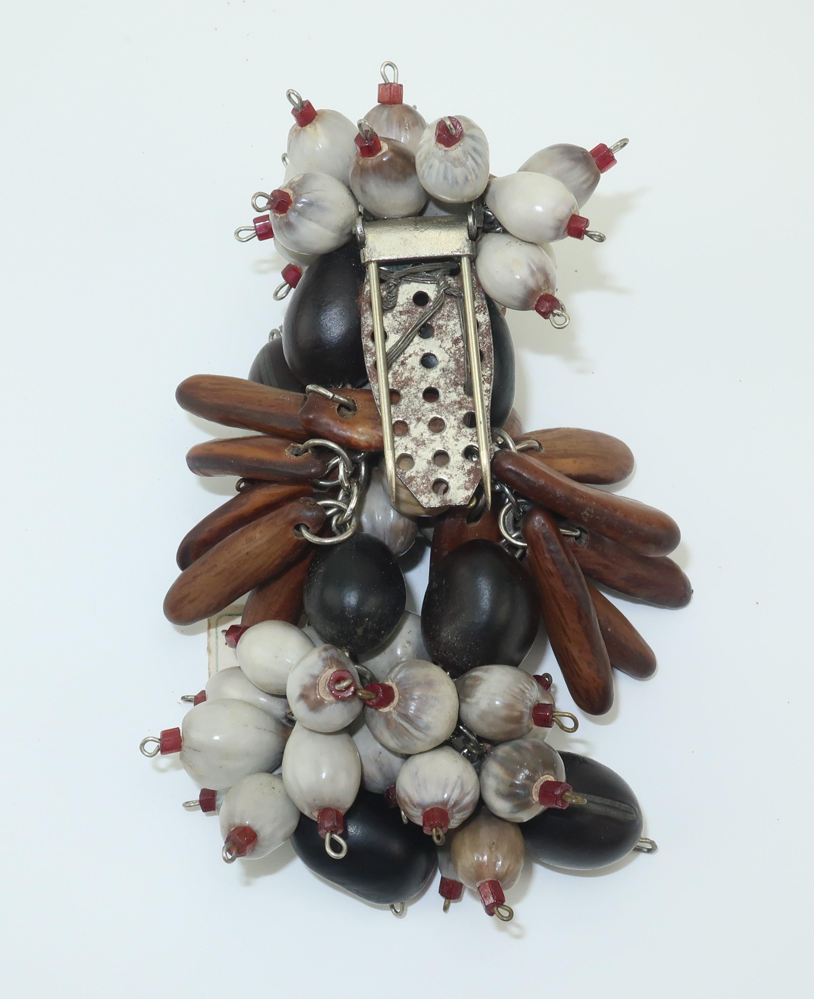Exotic Wood & Seed Bead Organic Dress Clip Brooch, C.1940 1