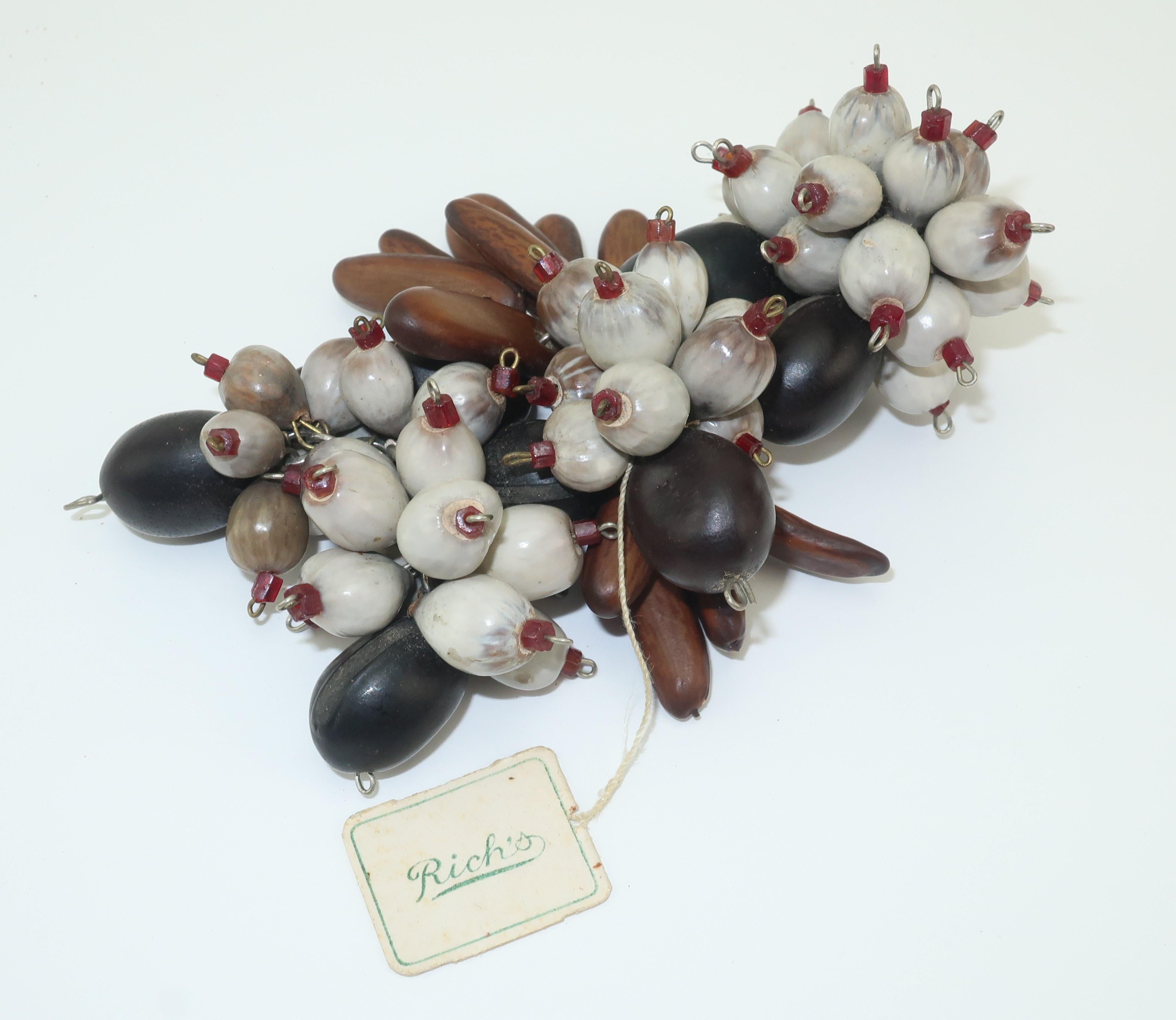 Exotic Wood & Seed Bead Organic Dress Clip Brooch, C.1940 3