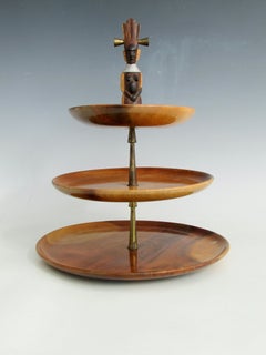 Exotic wood stepped trivet or serving tray with carved Tiki finial