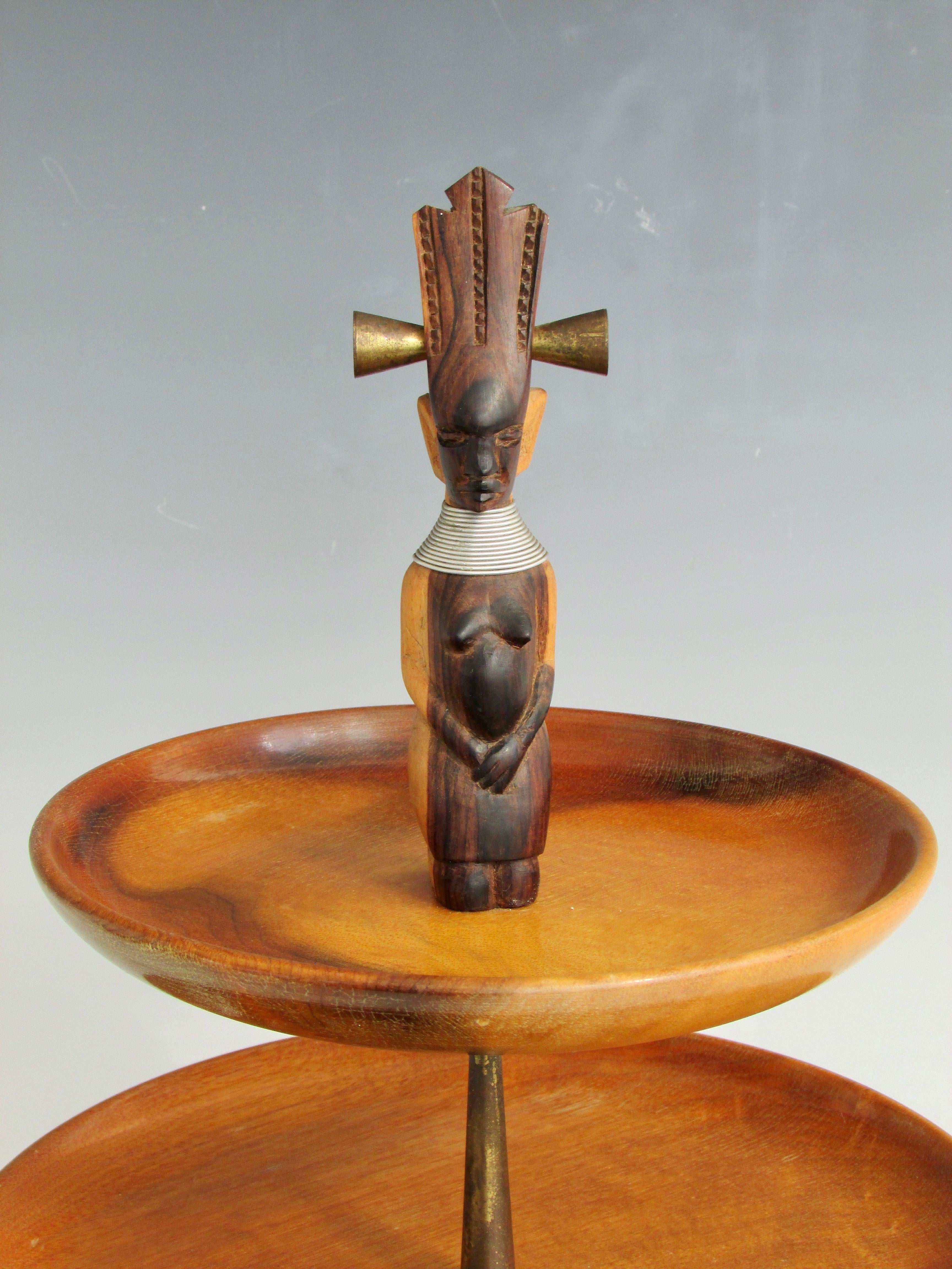 American Exotic wood stepped trivet or serving tray with carved Tiki finial For Sale