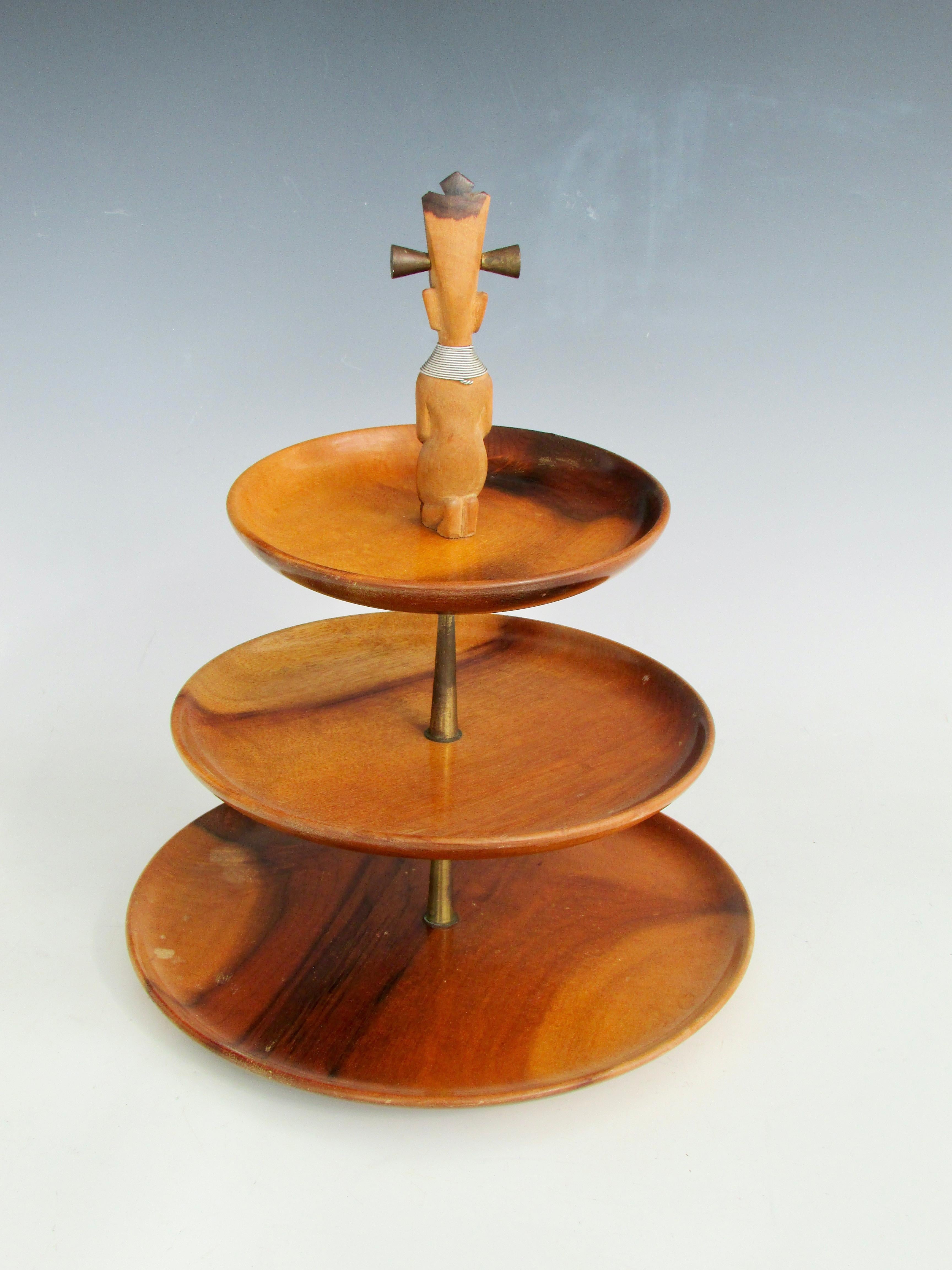 20th Century Exotic wood stepped trivet or serving tray with carved Tiki finial For Sale