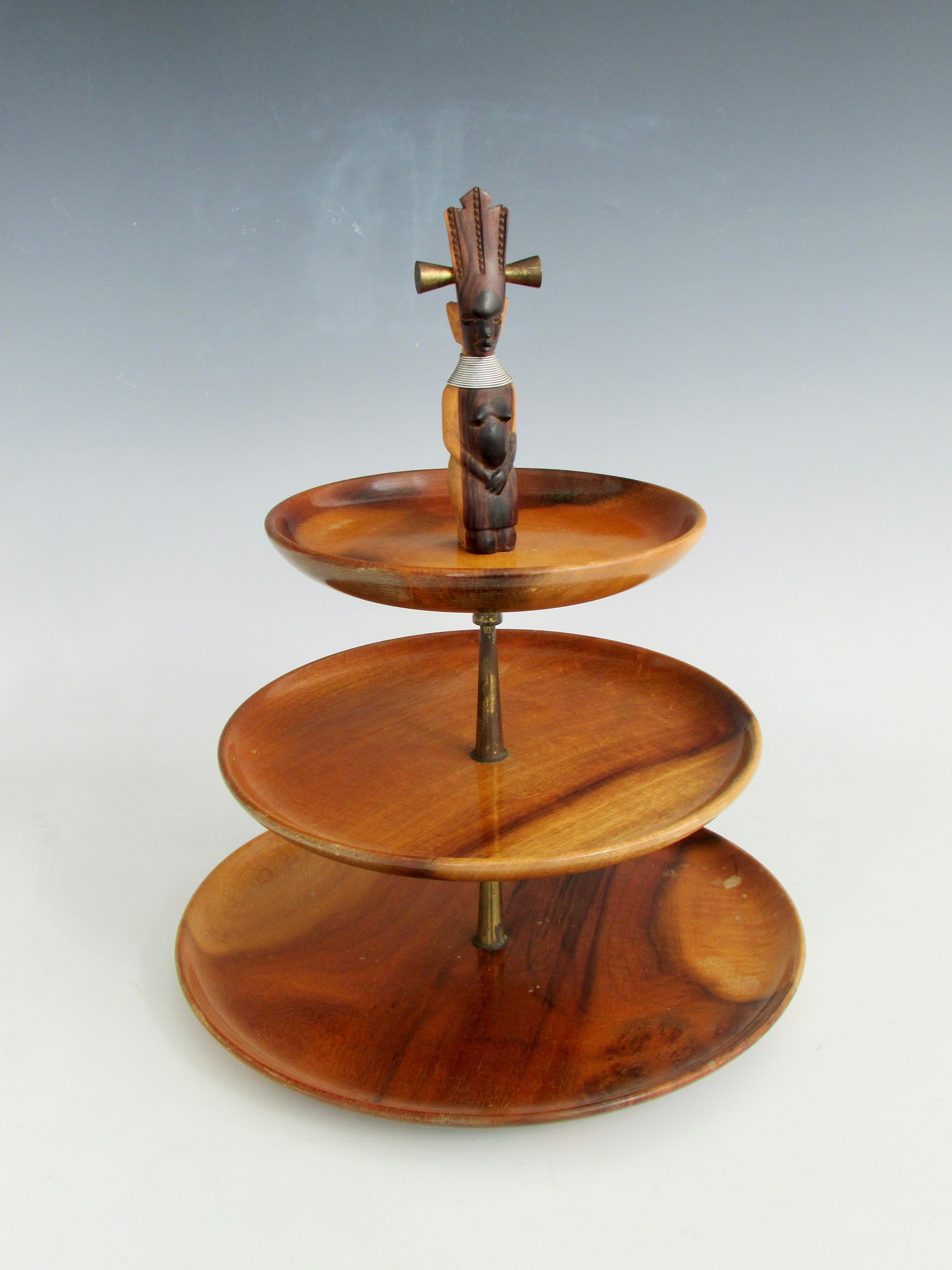 Exotic wood stepped trivet or serving tray with carved Tiki finial For Sale 1