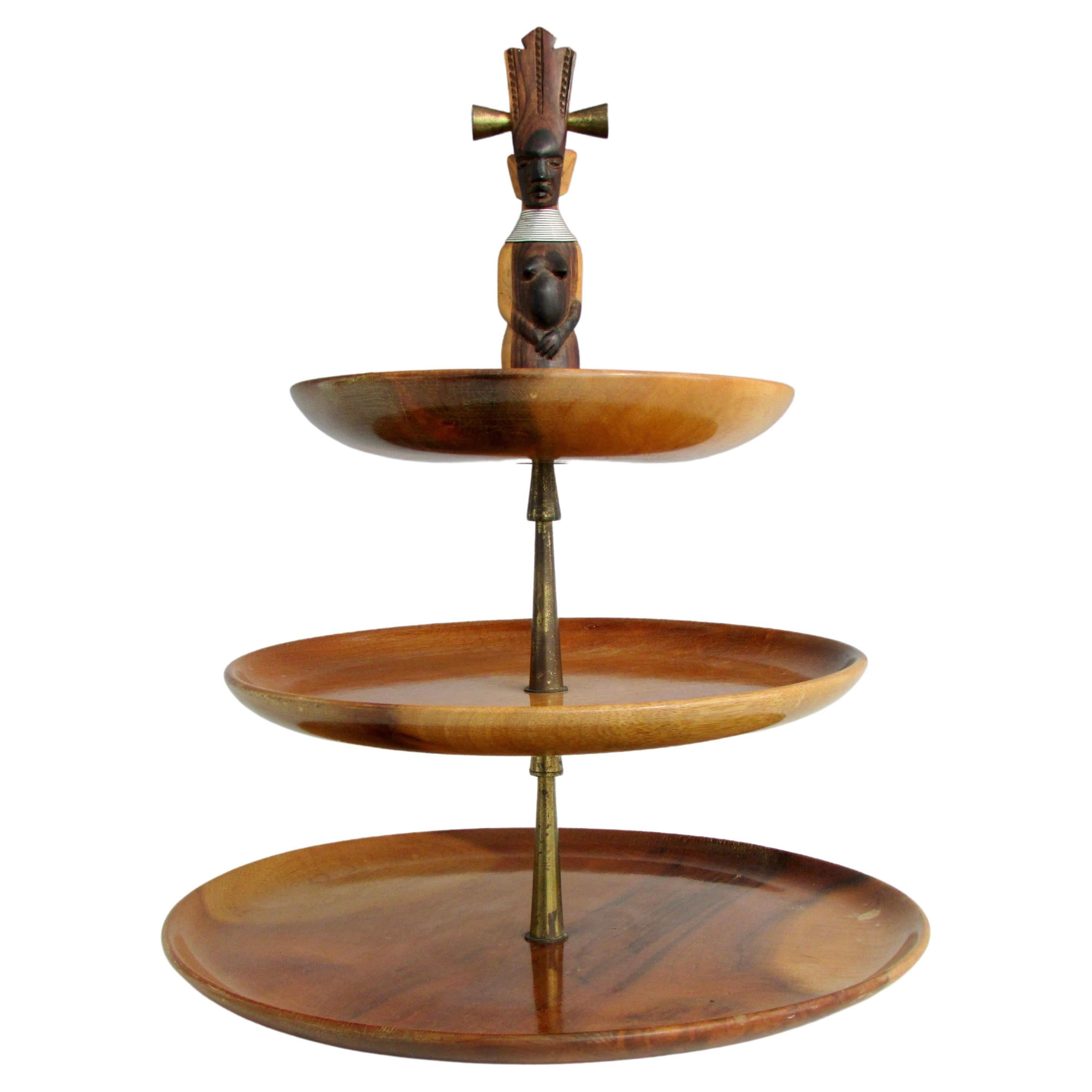 Exotic wood stepped trivet or serving tray with carved Tiki finial For Sale