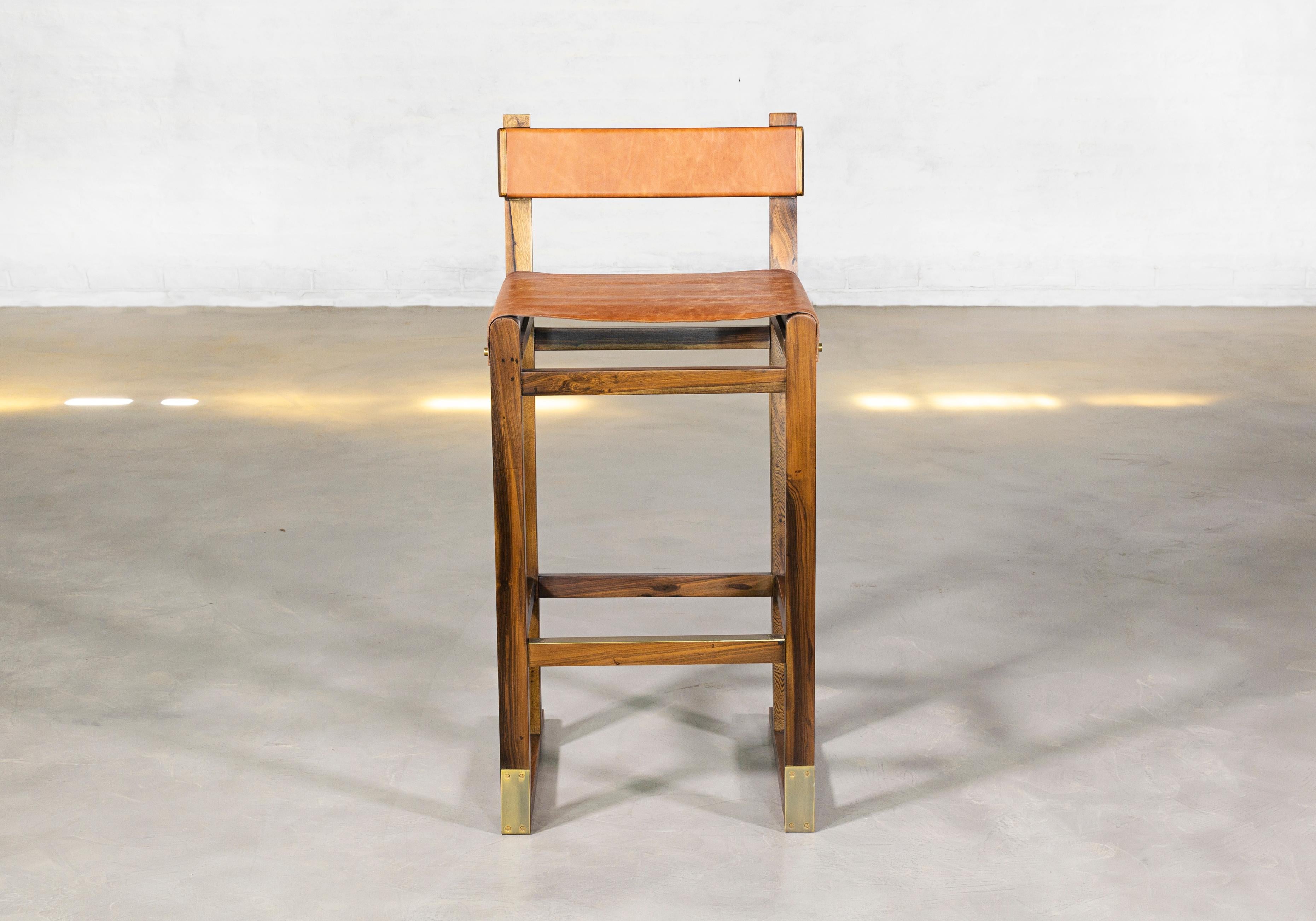 Modern Exotic Wood Stool with Leather Seat and Bronze from Costantini, Piero For Sale
