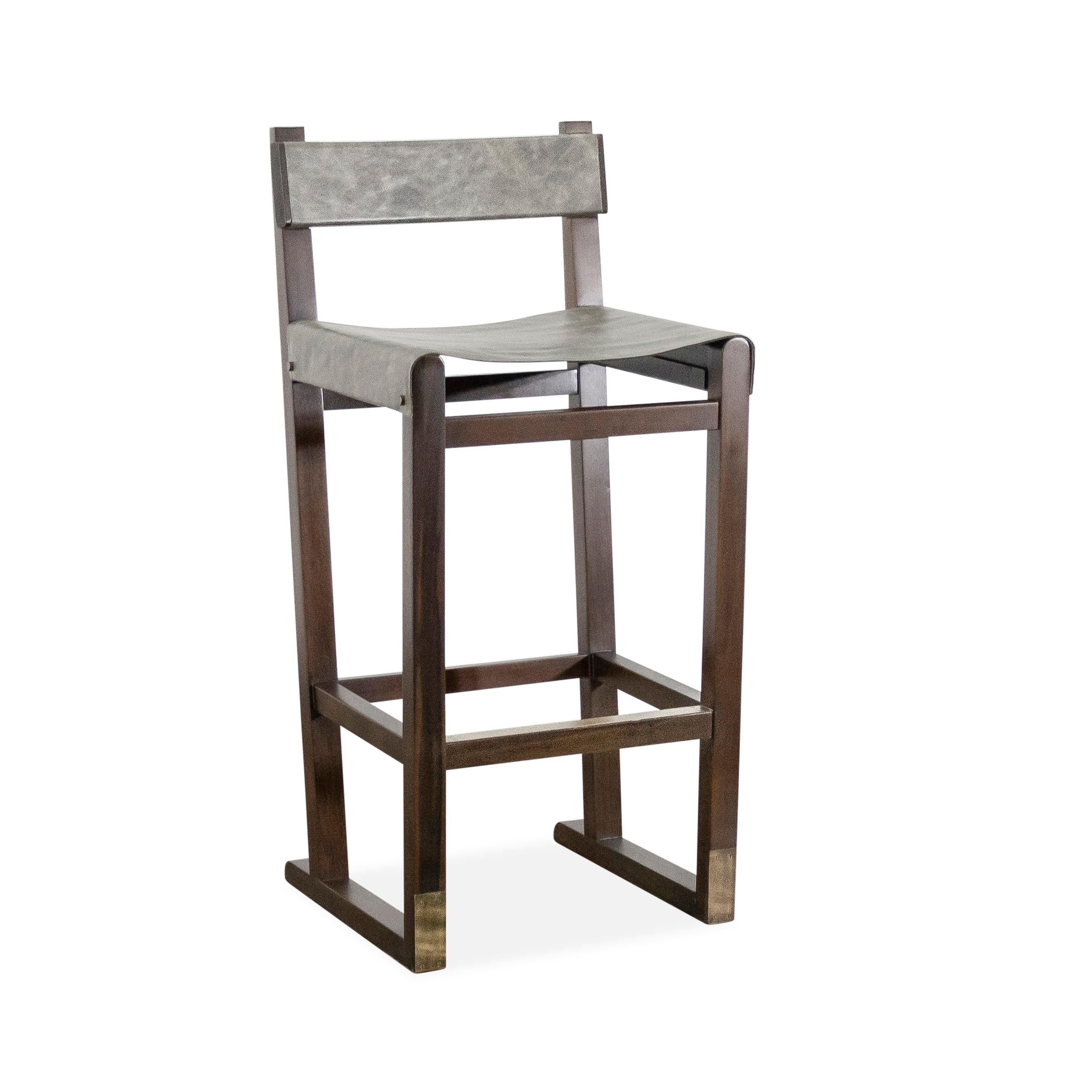 Tabouret en bois exotique avec assise en cuir et bronze de Costantini, Piero « en stock » en vente 4