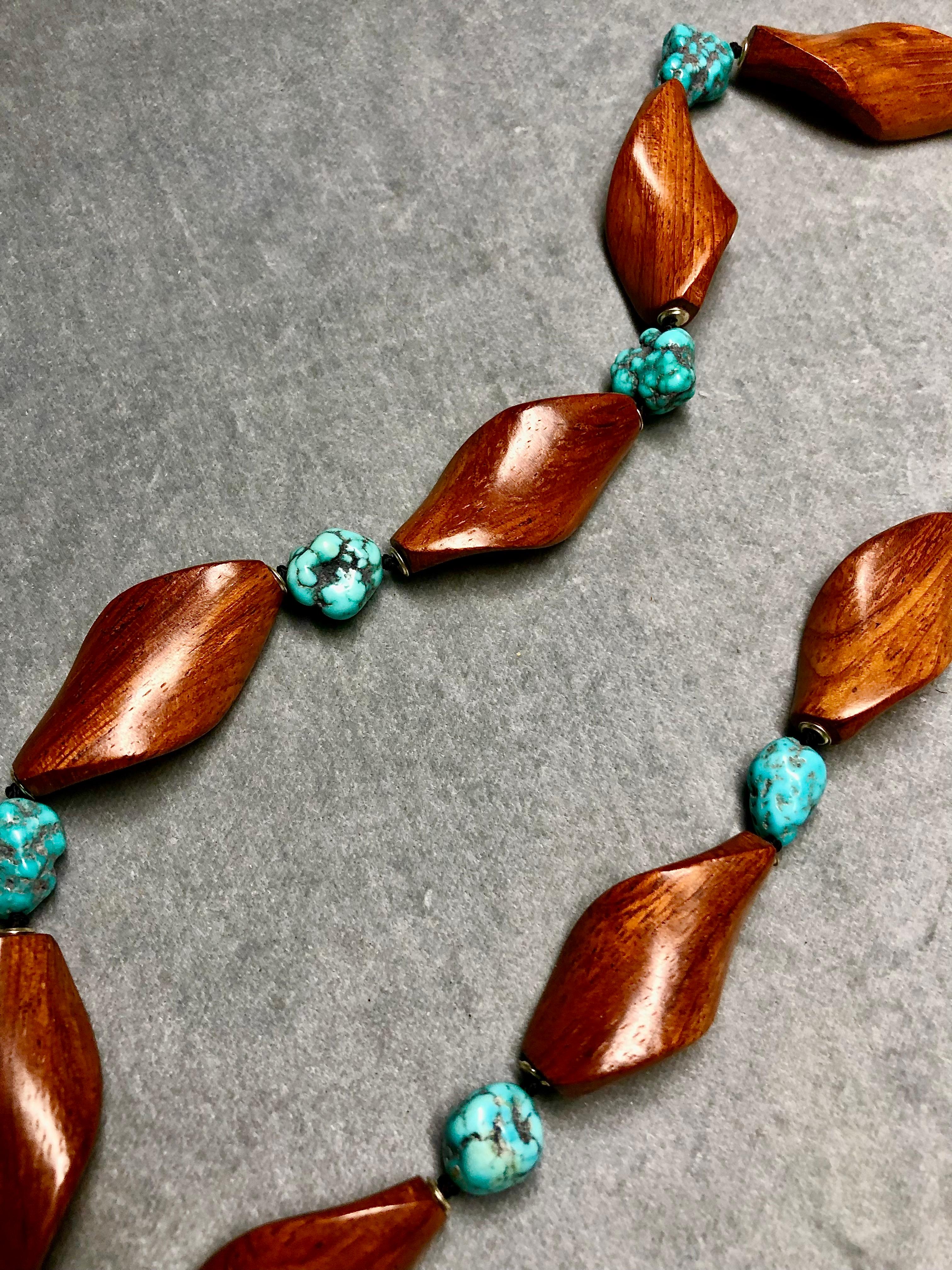 Artisan Exotic wooden beads necklace with turquoise nuggets, sterling silver rondelles For Sale