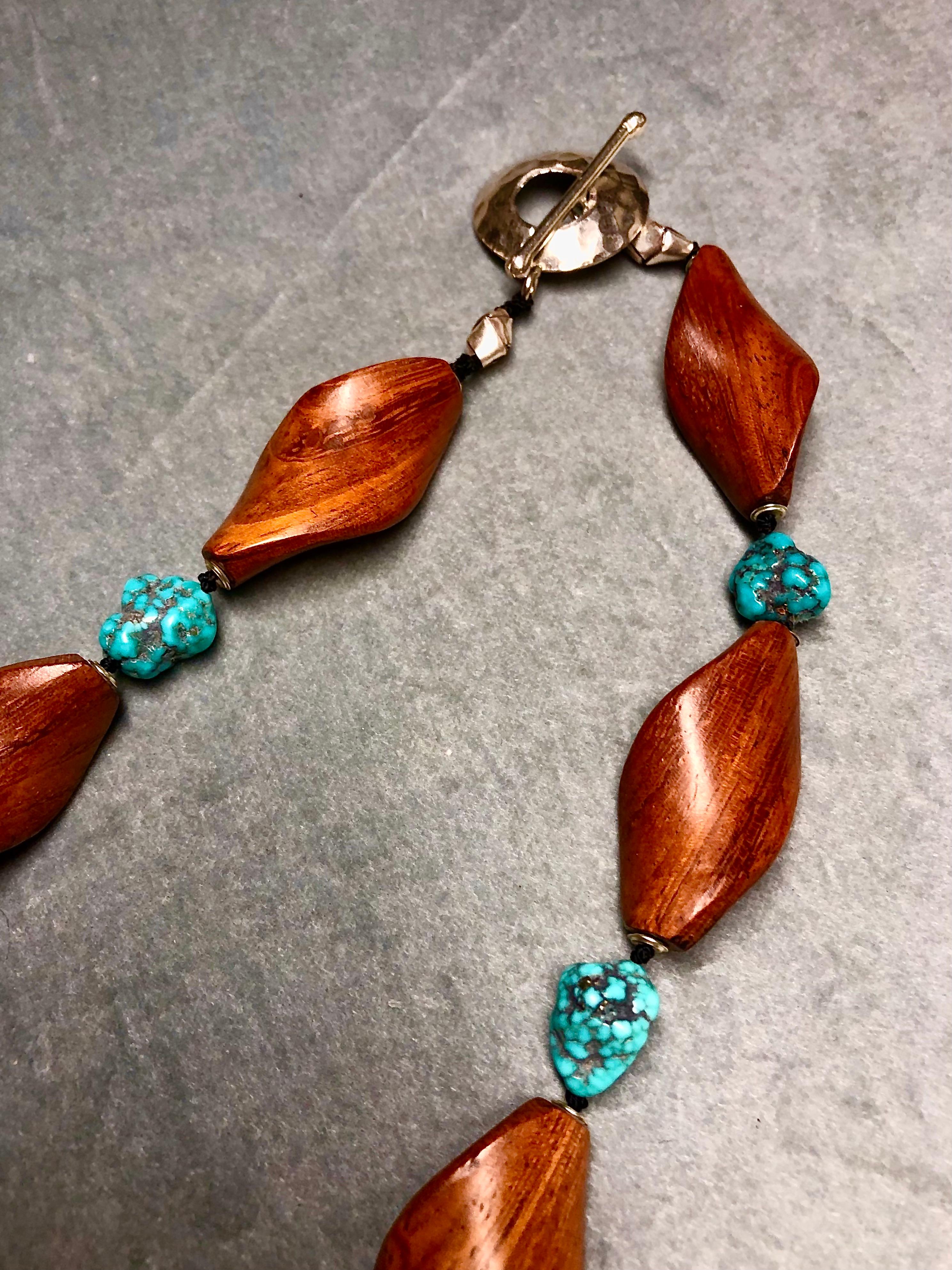 Exotic wooden beads necklace with turquoise nuggets, sterling silver rondelles In New Condition For Sale In New Orleans, LA