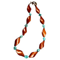 Exotic wooden beads necklace with turquoise nuggets, sterling silver rondelles