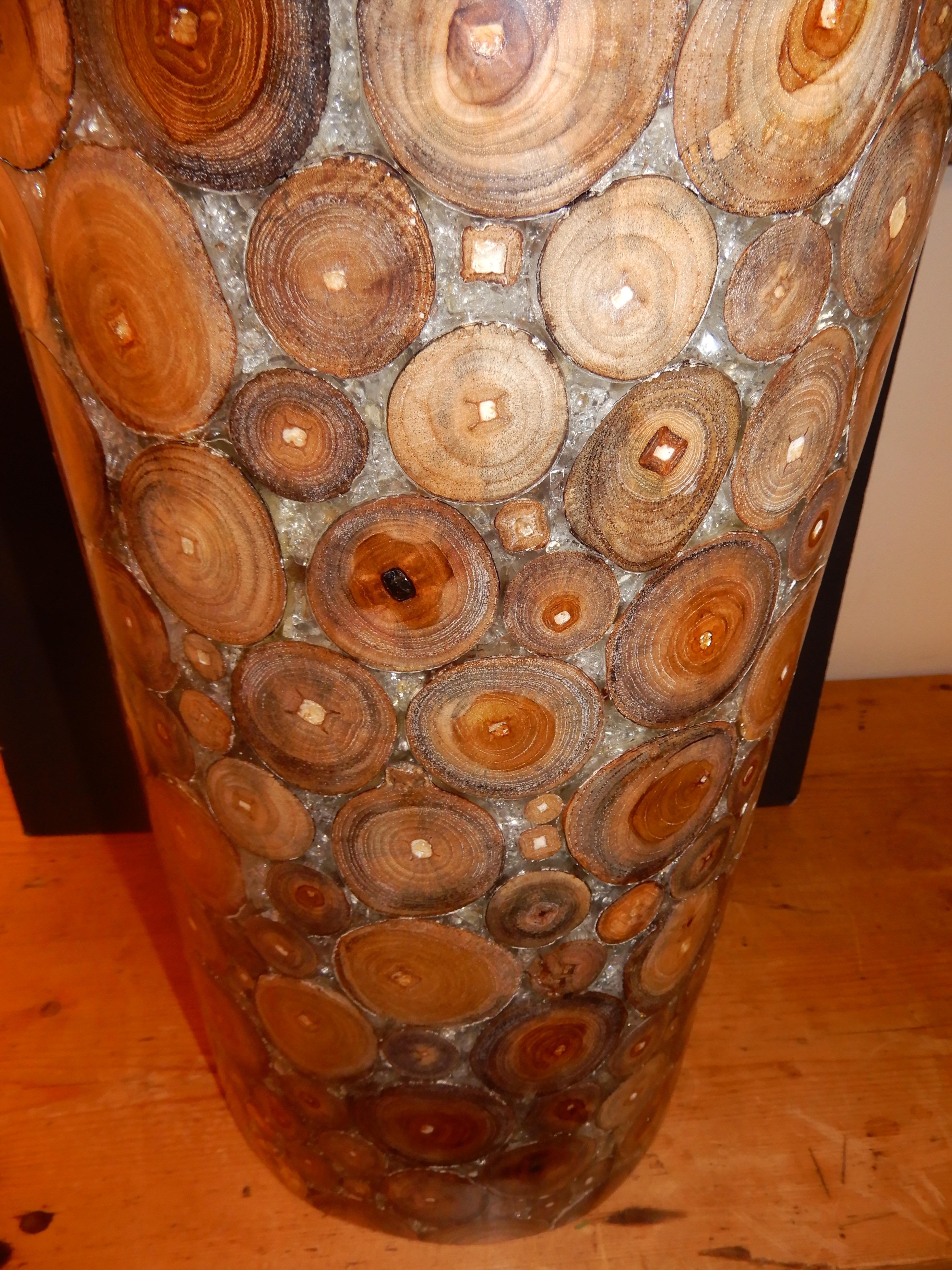 A rare find in this artisan crafted exotic woods, and crystallized Lucite umbrella stand, or floral displays.