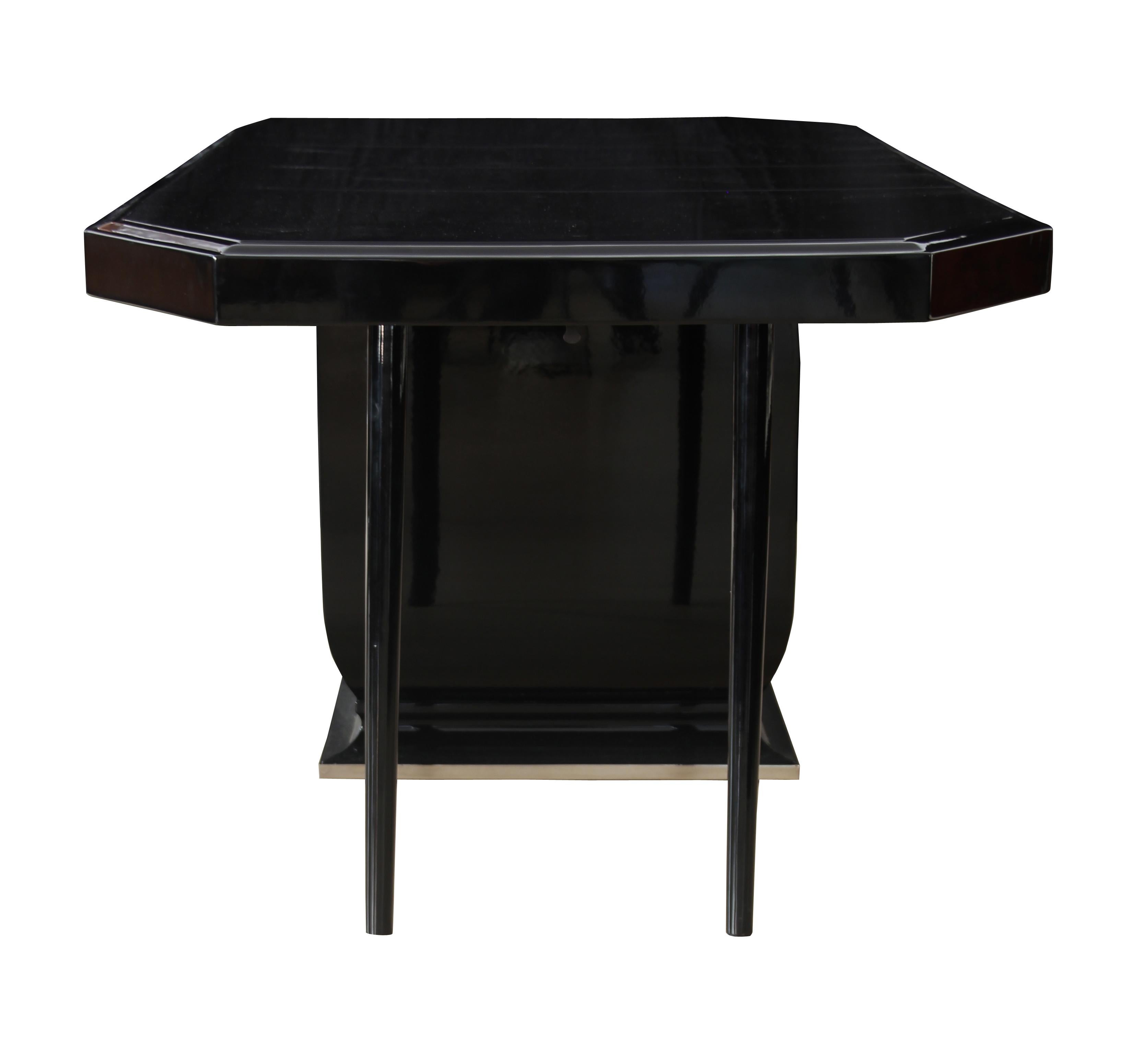 Lacquered Expandable Art Deco Dining Table, Black Lacquer, Silver Plated, Paris circa 1925