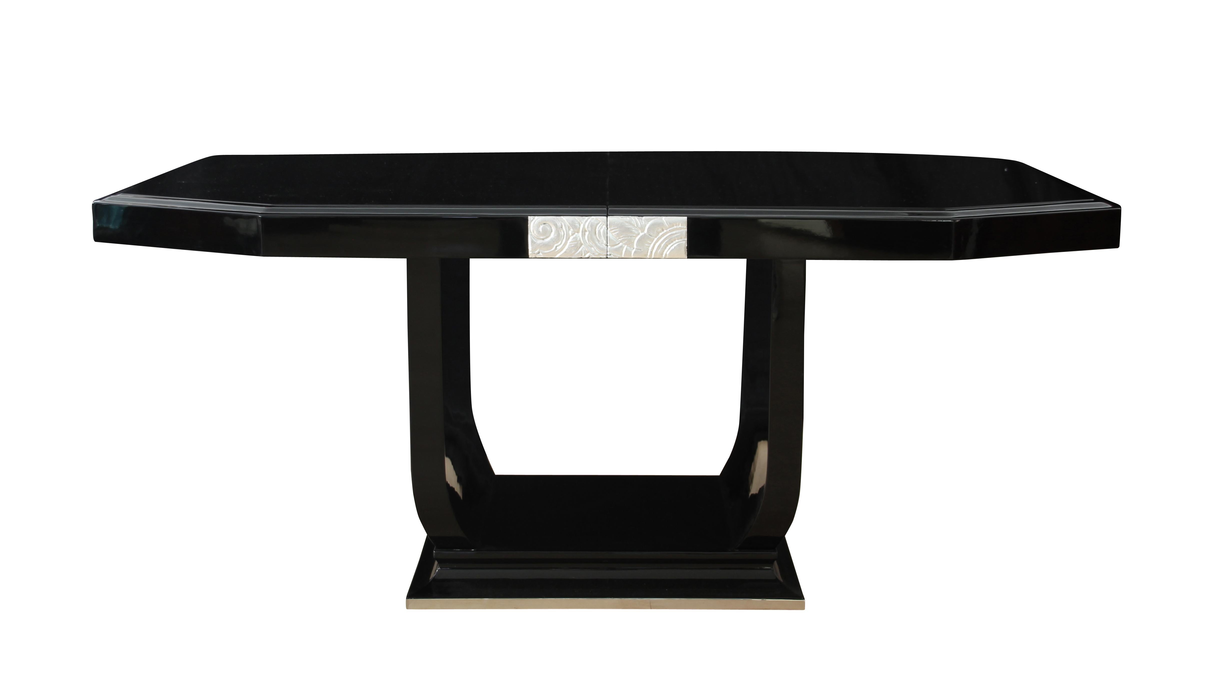 Expandable Art Deco Dining Table, Black Lacquer, Silver Plated, Paris circa 1925 In Excellent Condition In Regensburg, DE