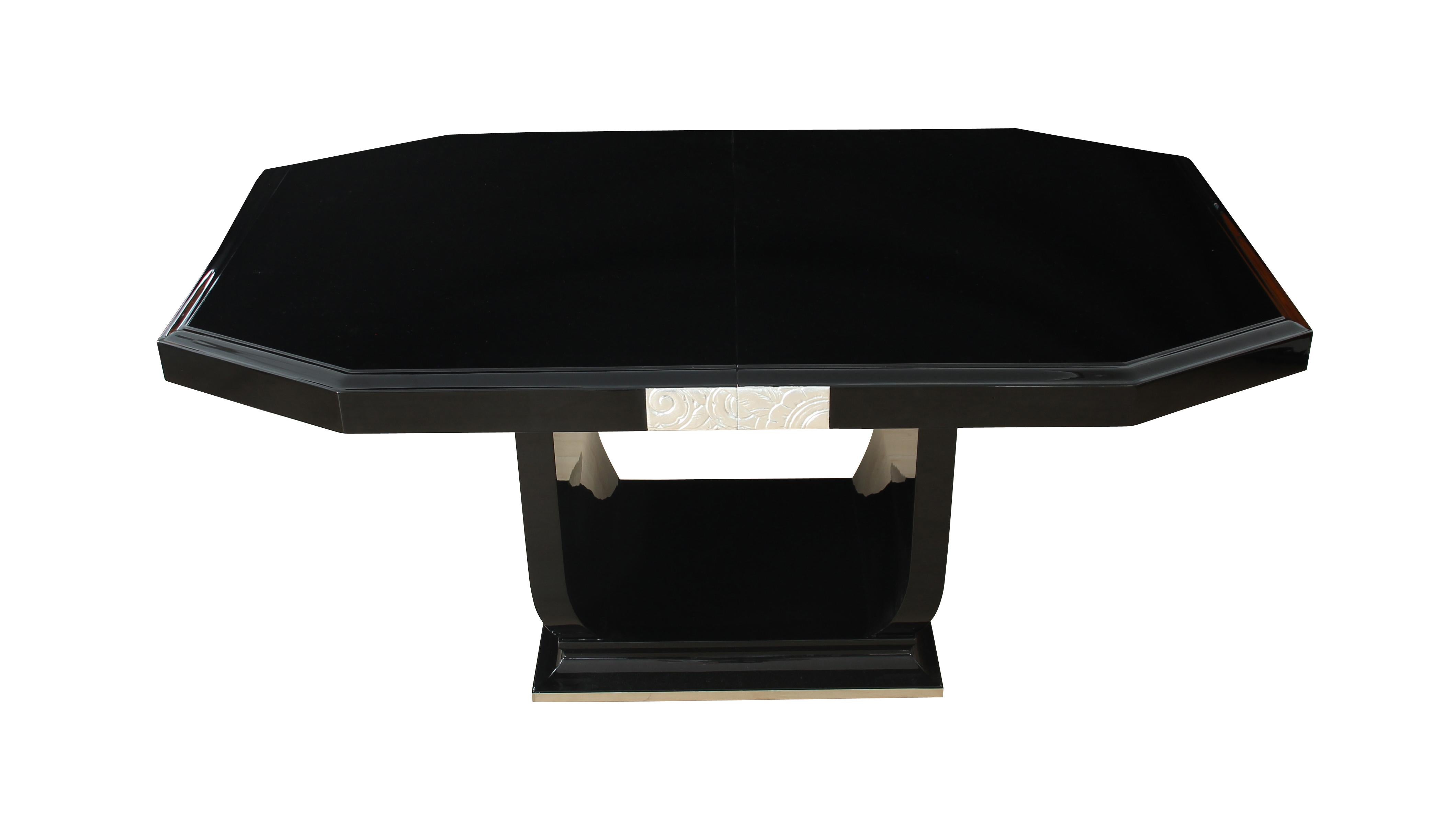 Wood Expandable Art Deco Dining Table, Black Lacquer, Silver Plated, Paris circa 1925