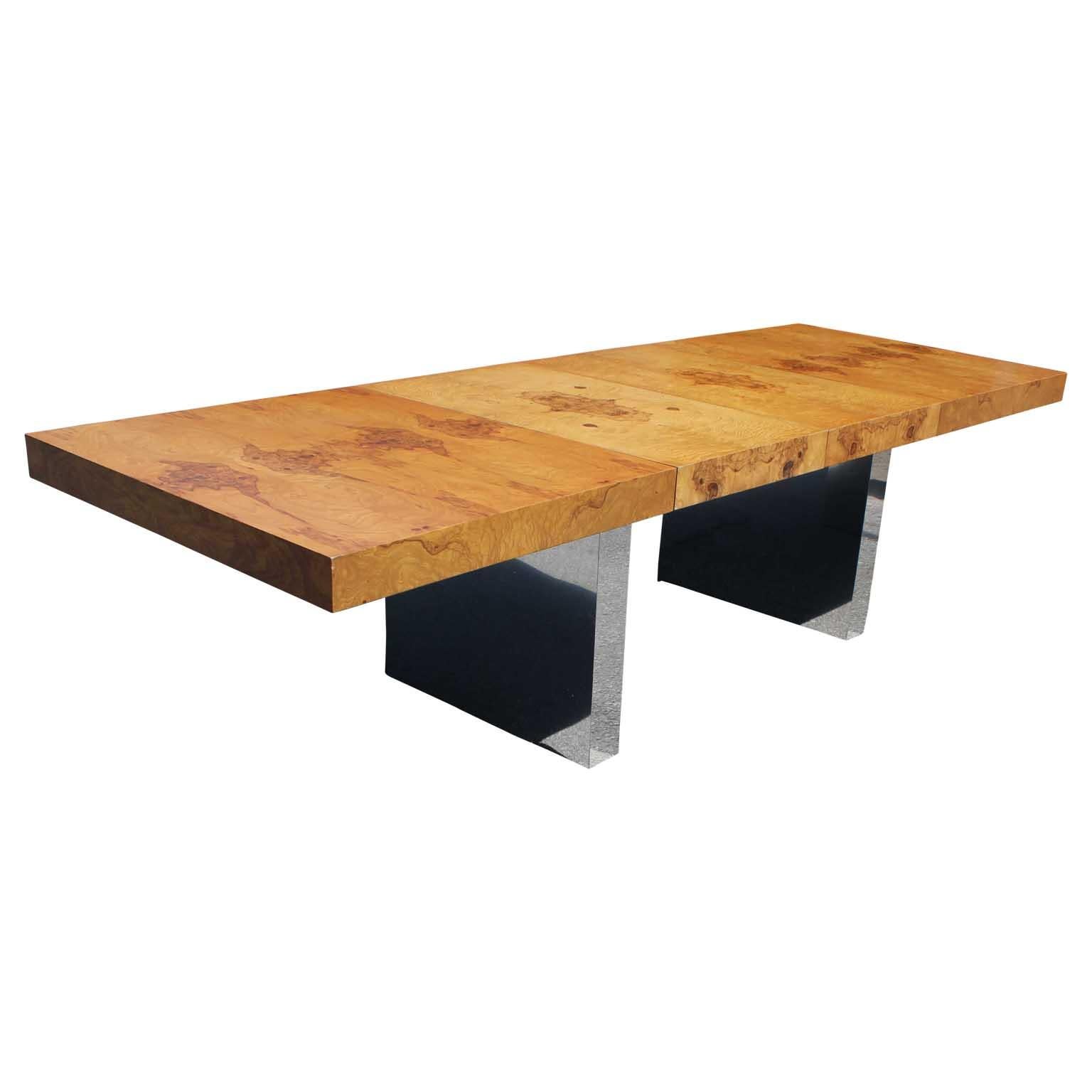 Mid-Century Modern Expandable Chrome and Burl Wood Dining Table by Milo Baughman for Thayer Coggin