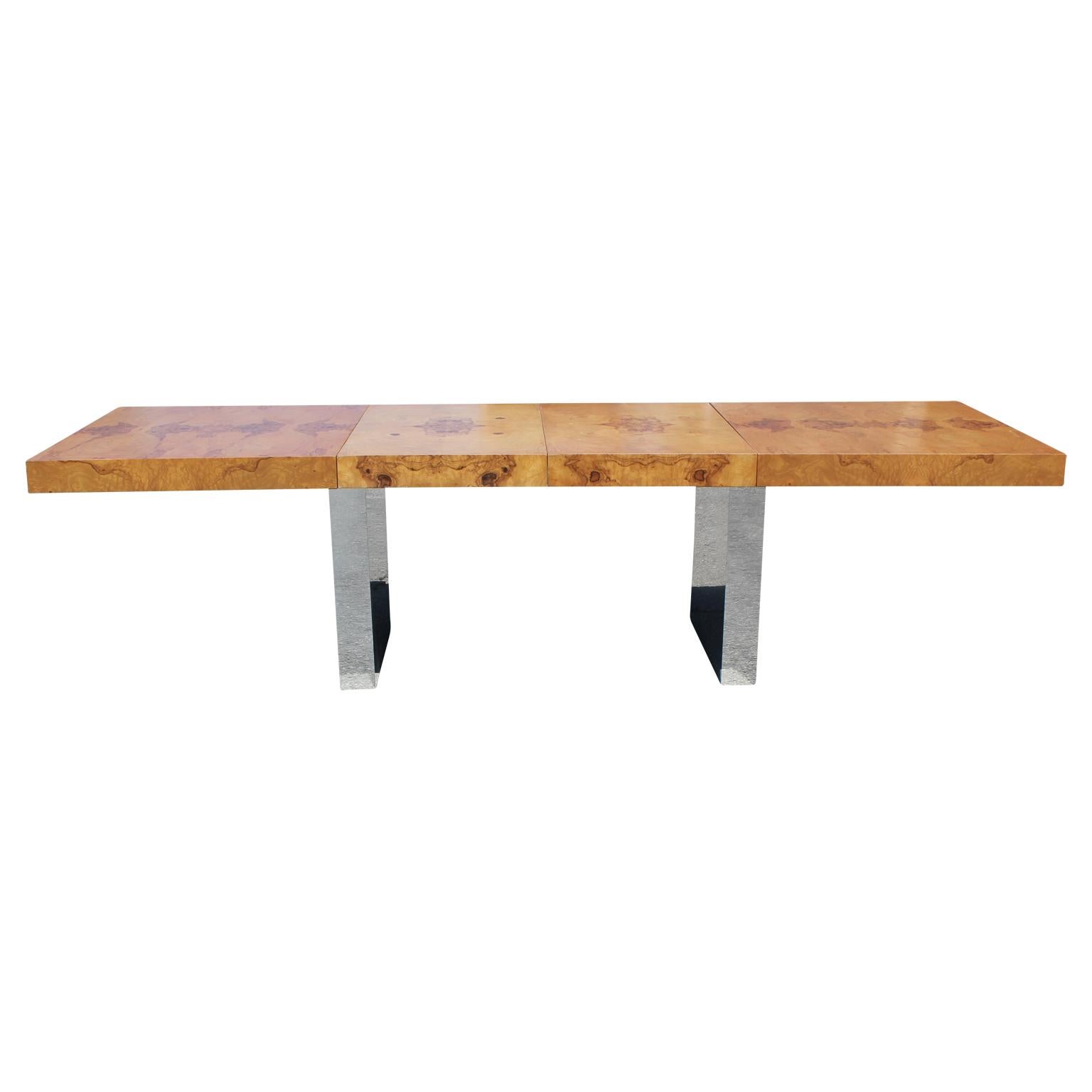 American Expandable Chrome and Burl Wood Dining Table by Milo Baughman for Thayer Coggin