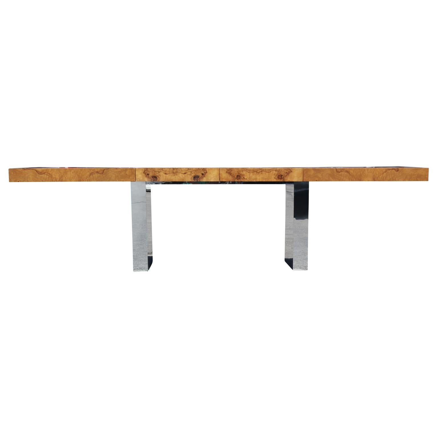 Polished Expandable Chrome and Burl Wood Dining Table by Milo Baughman for Thayer Coggin