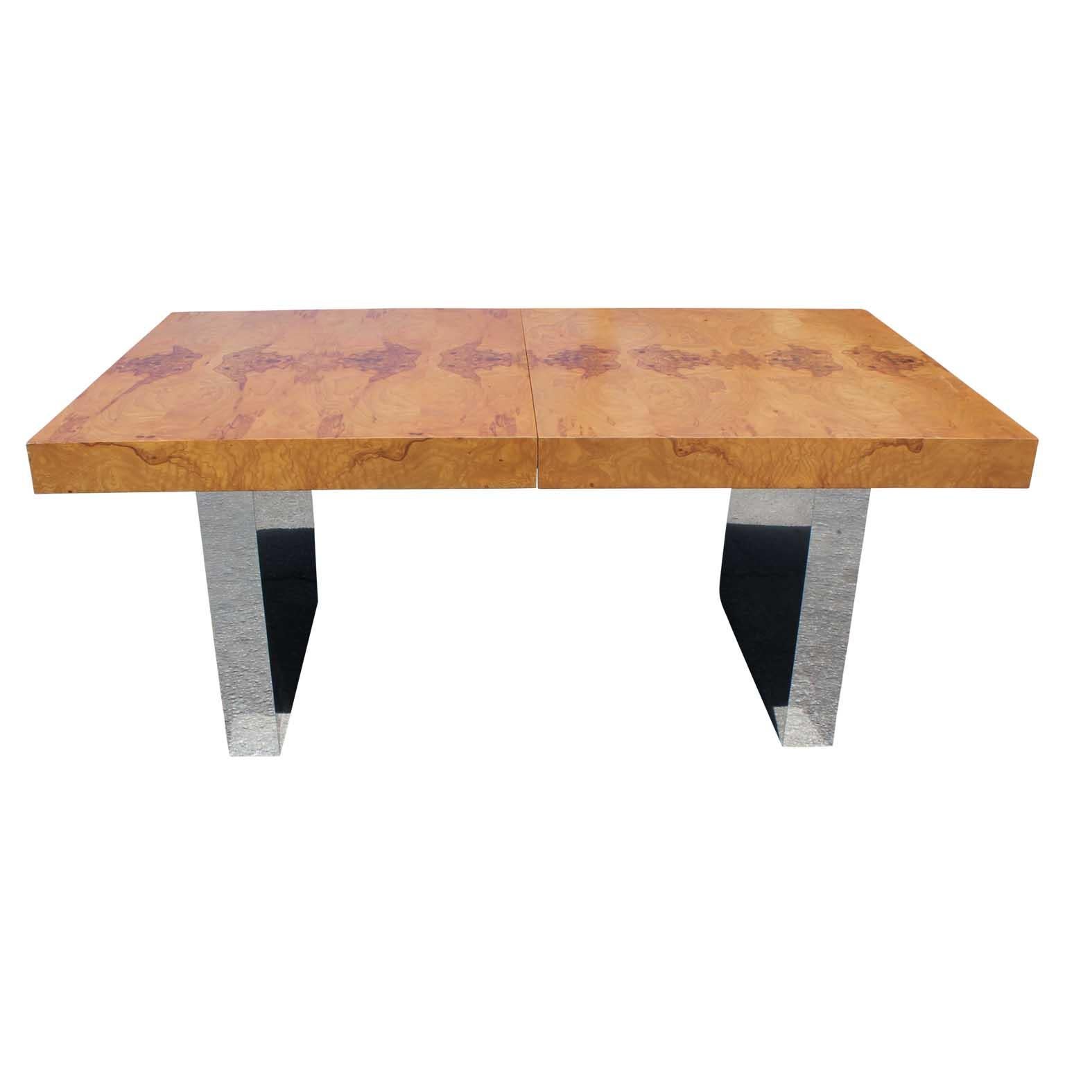 American Expandable Chrome and Burl Wood Dining Table by Milo Baughman for Thayer Coggin