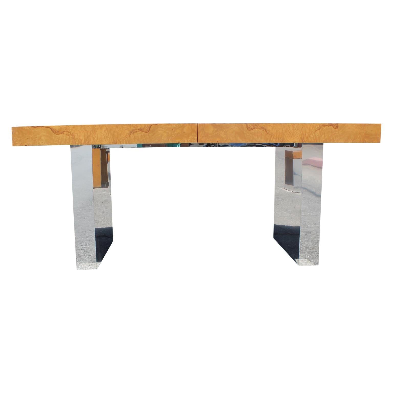 Polished Expandable Chrome and Burl Wood Dining Table by Milo Baughman for Thayer Coggin