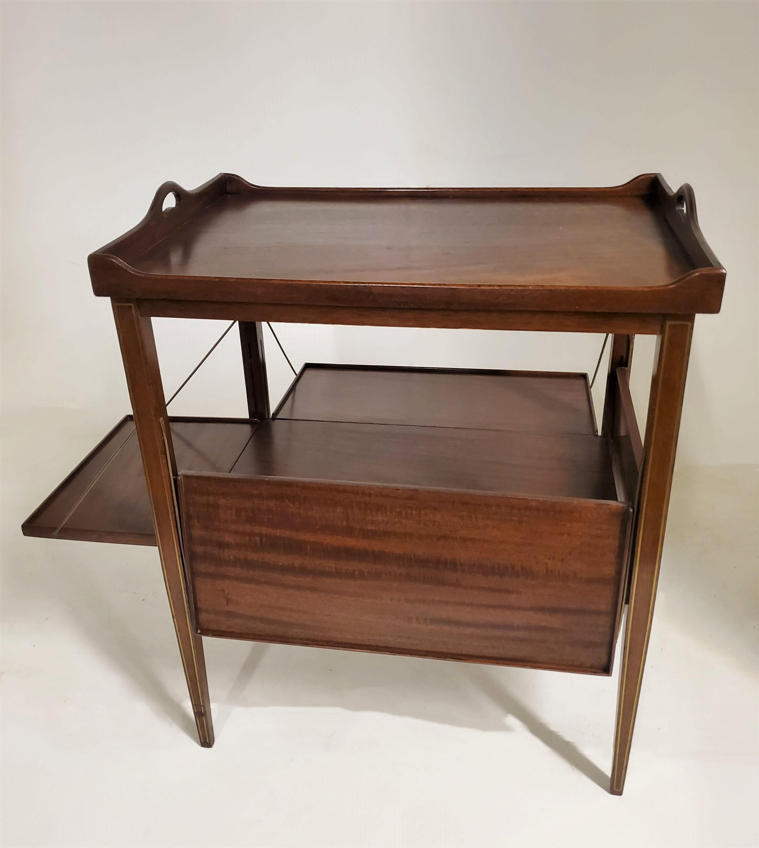 Expandable Mahogany and Brass Inlaid Side Table / Bar Cart /Desert Table For Sale 1