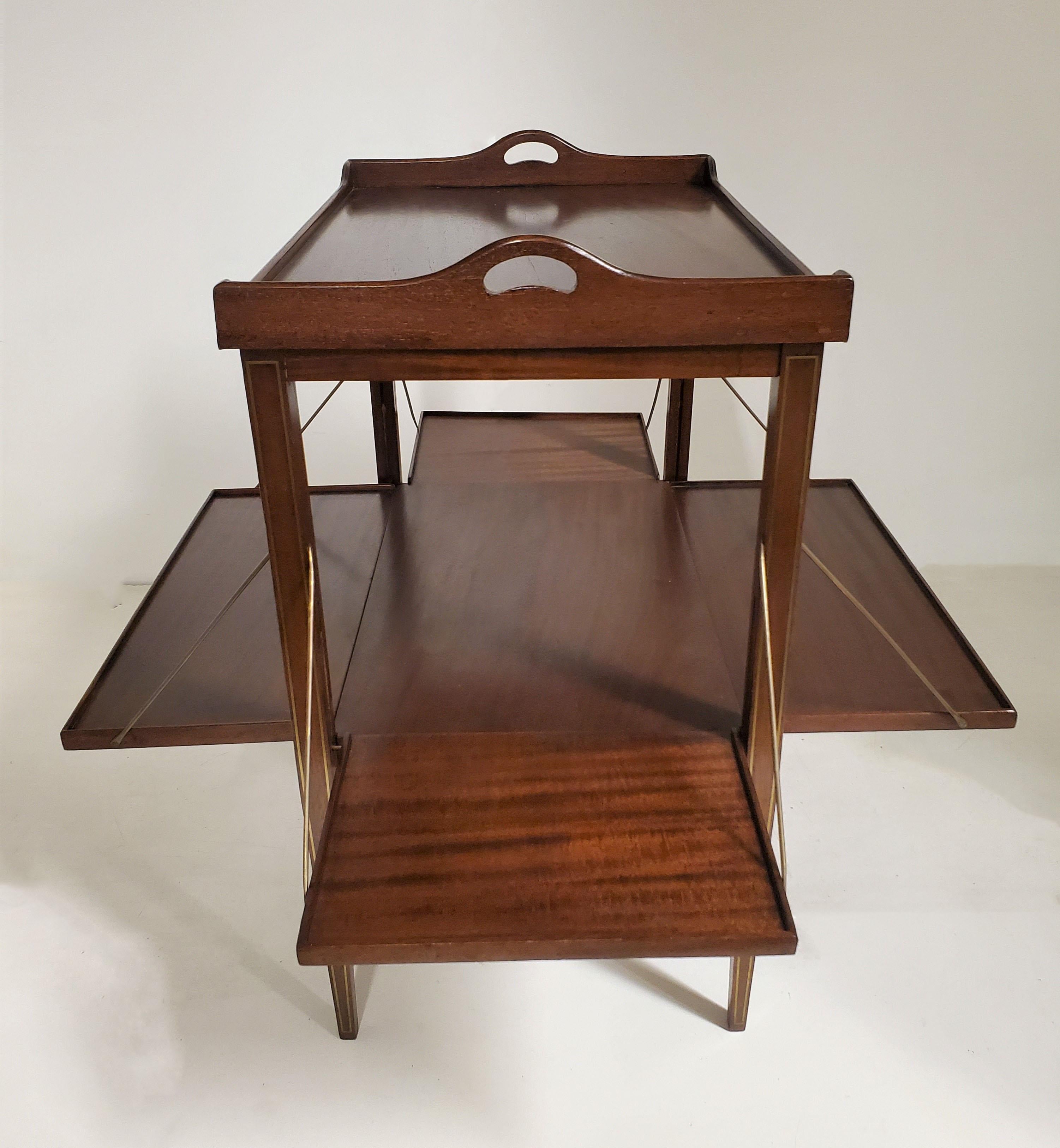 French Expandable Mahogany and Brass Inlaid Side Table / Bar Cart /Desert Table For Sale