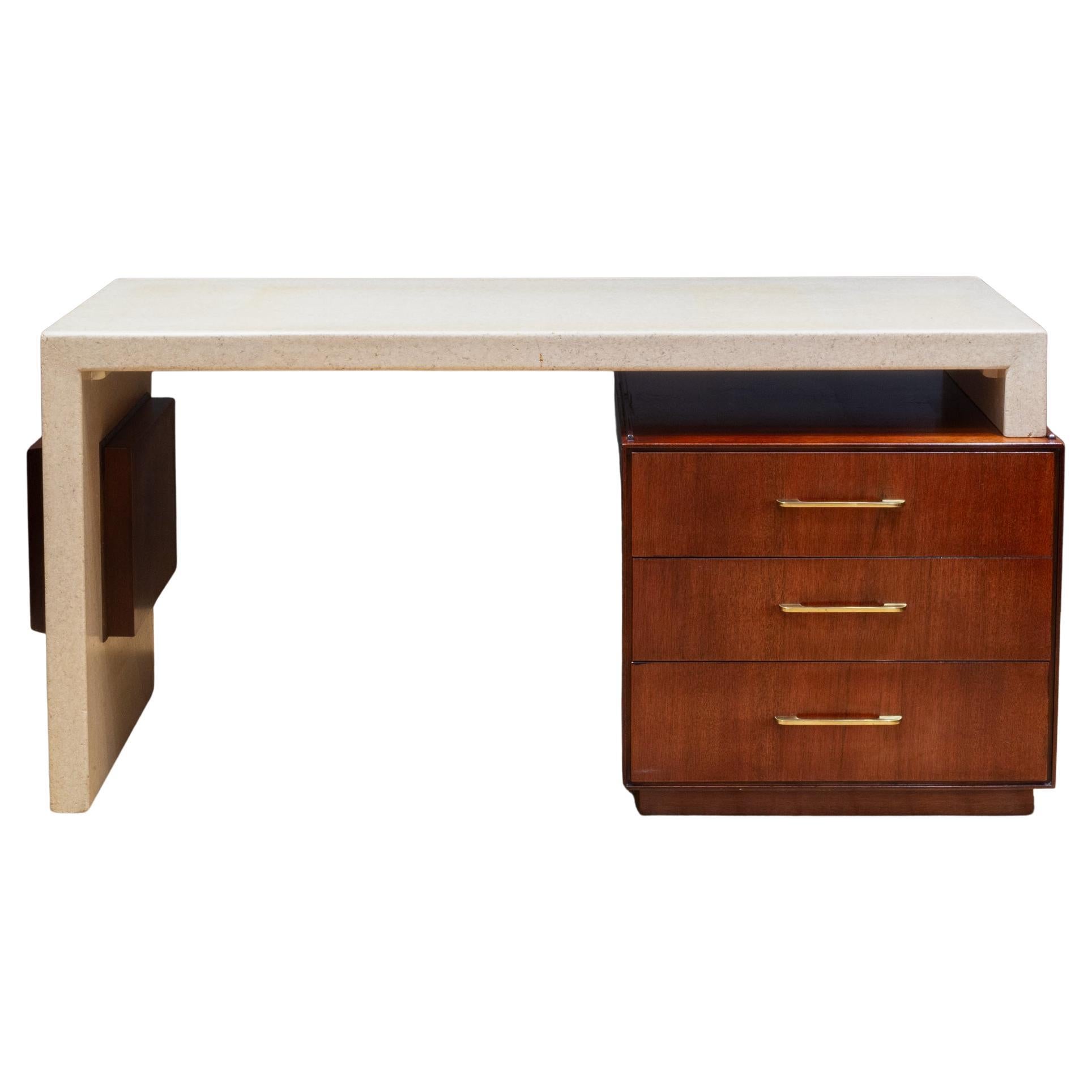 Escritorio extensible de caoba y corcho, Paul Frankl para Johnson Furniture c.1950