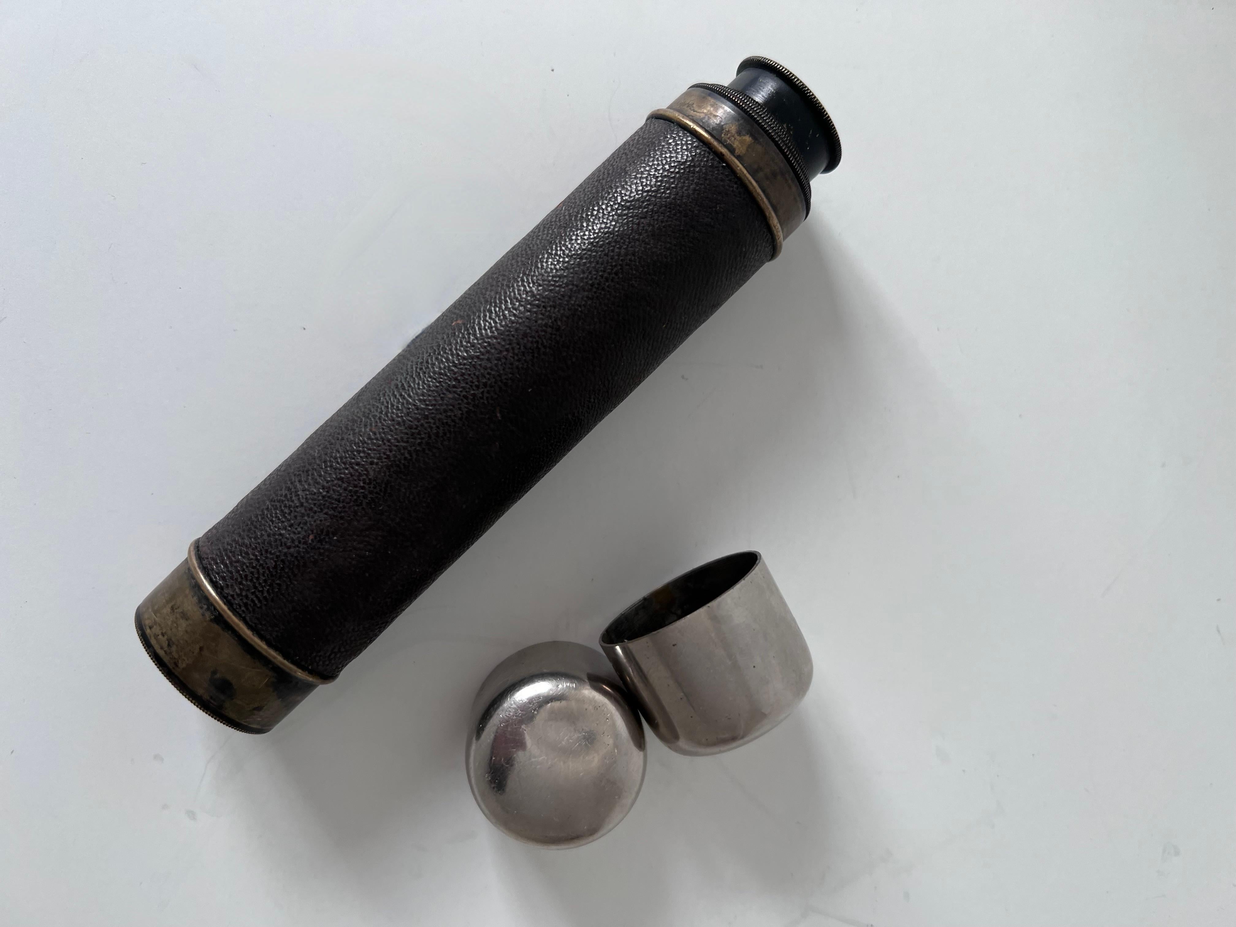 Expandable Metal Brass Telescope Wrapped in Leather with Silver Caps for Lens For Sale 4