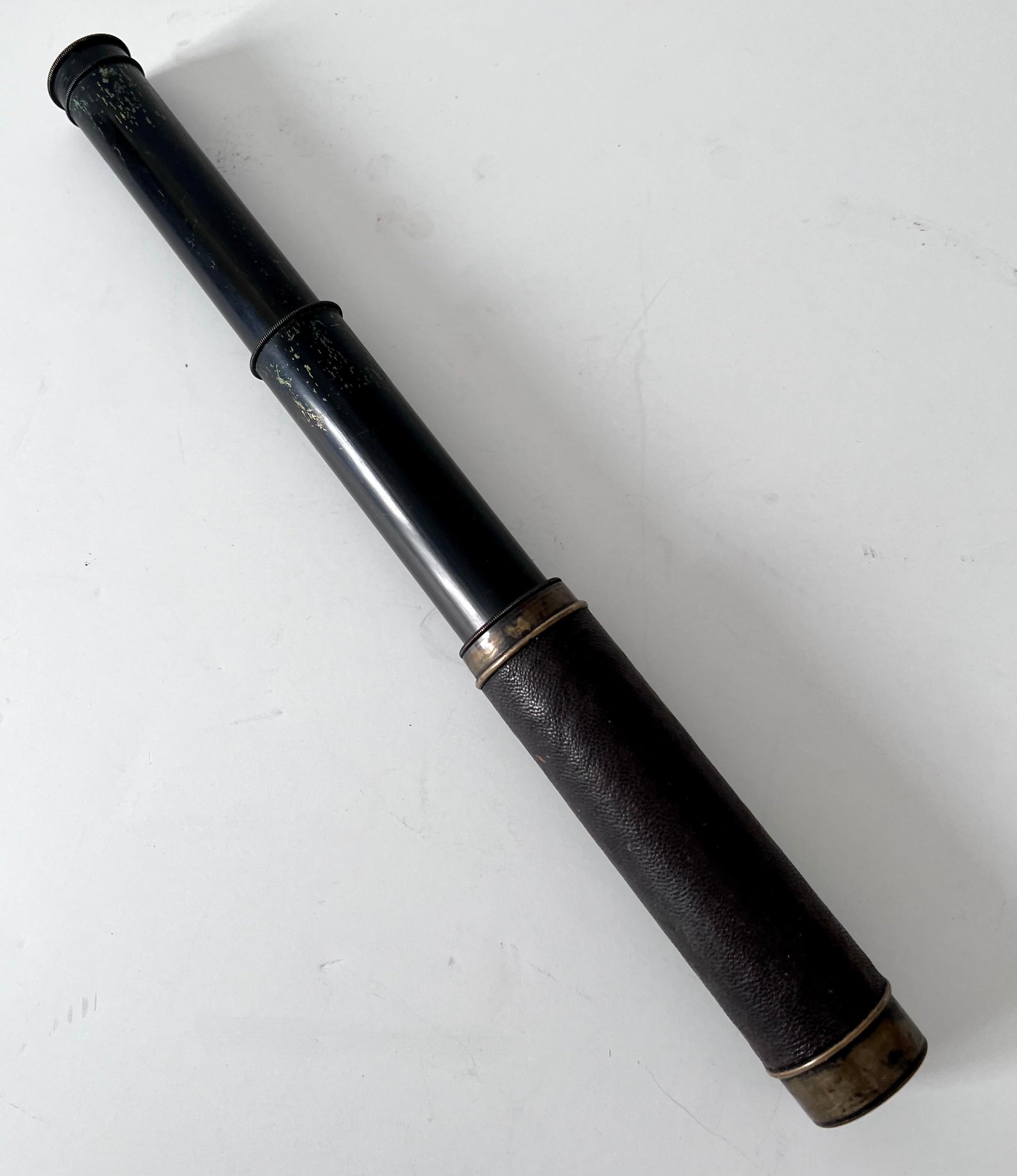 French Expandable Metal Brass Telescope Wrapped in Leather with Silver Caps for Lens For Sale