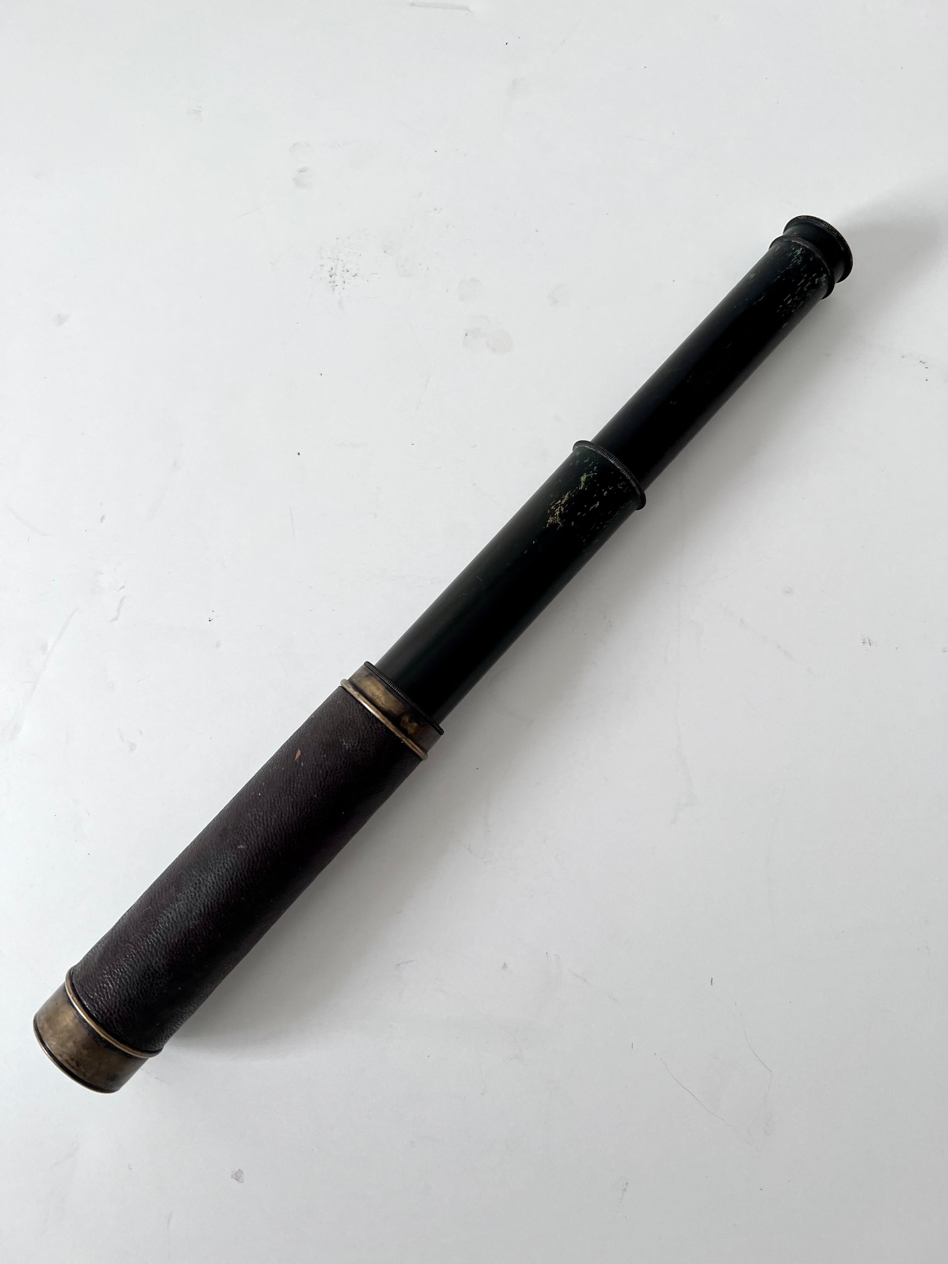 Patinated Expandable Metal Brass Telescope Wrapped in Leather with Silver Caps for Lens For Sale