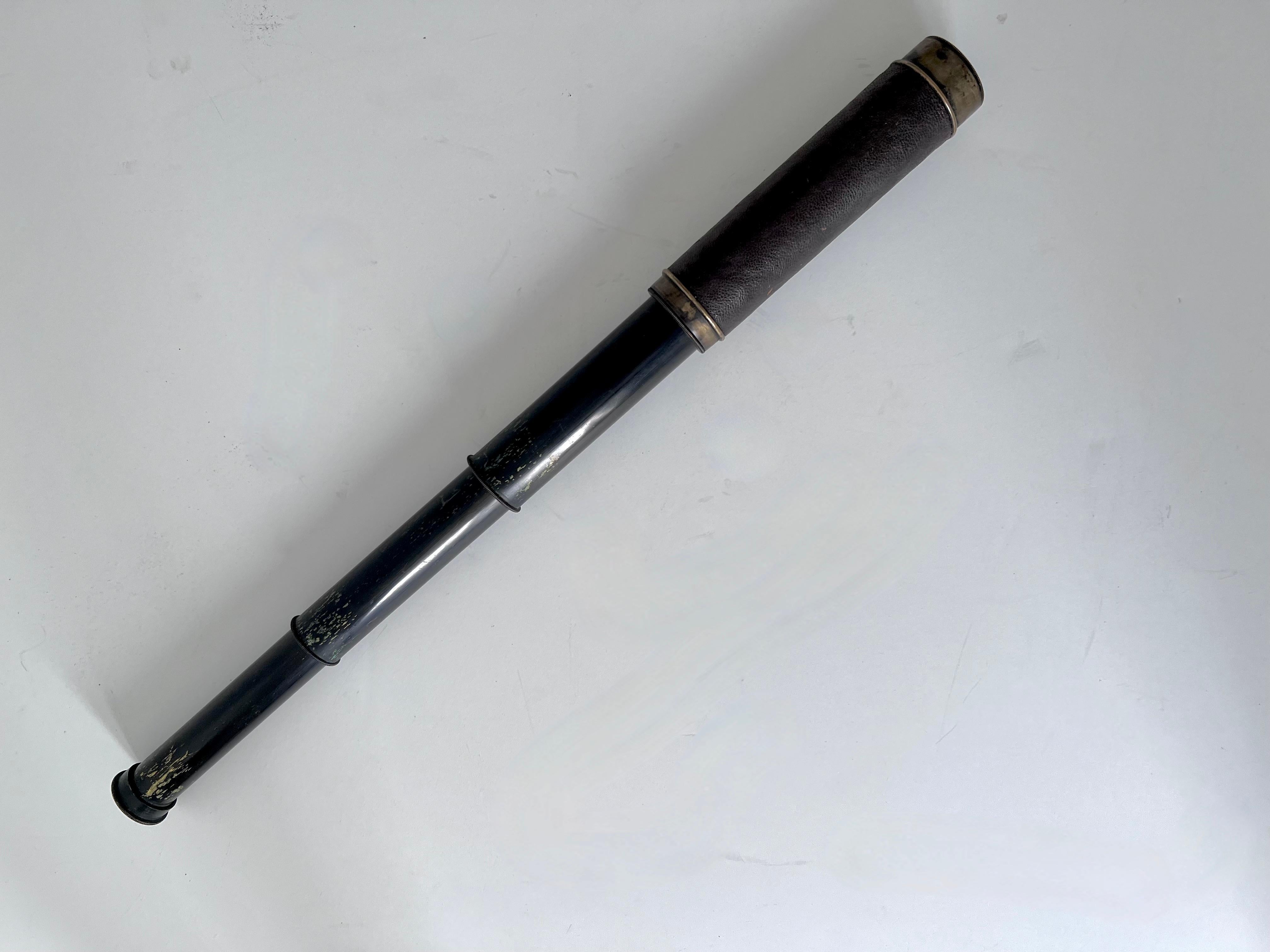 20th Century Expandable Metal Brass Telescope Wrapped in Leather with Silver Caps for Lens For Sale