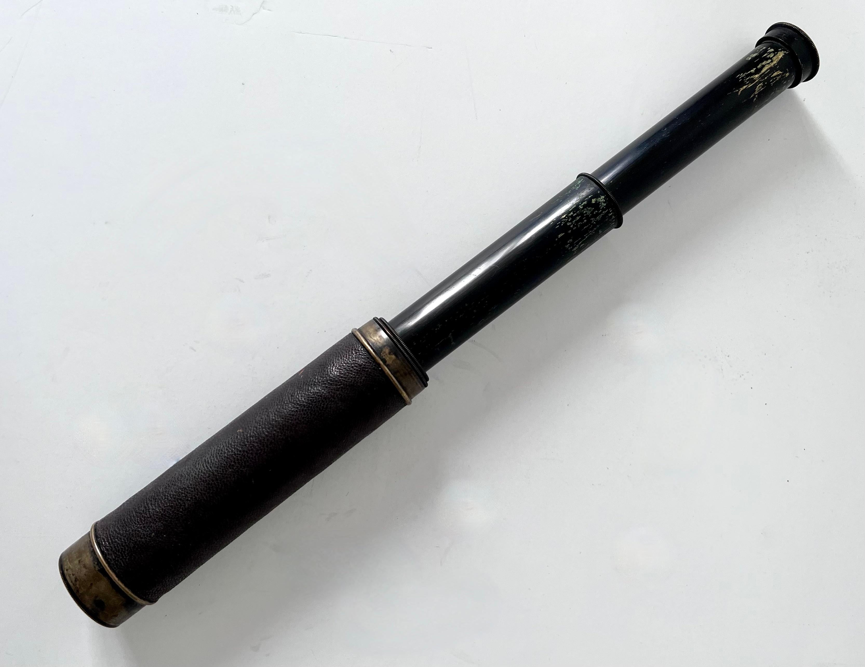 Expandable Metal Brass Telescope Wrapped in Leather with Silver Caps for Lens For Sale 1