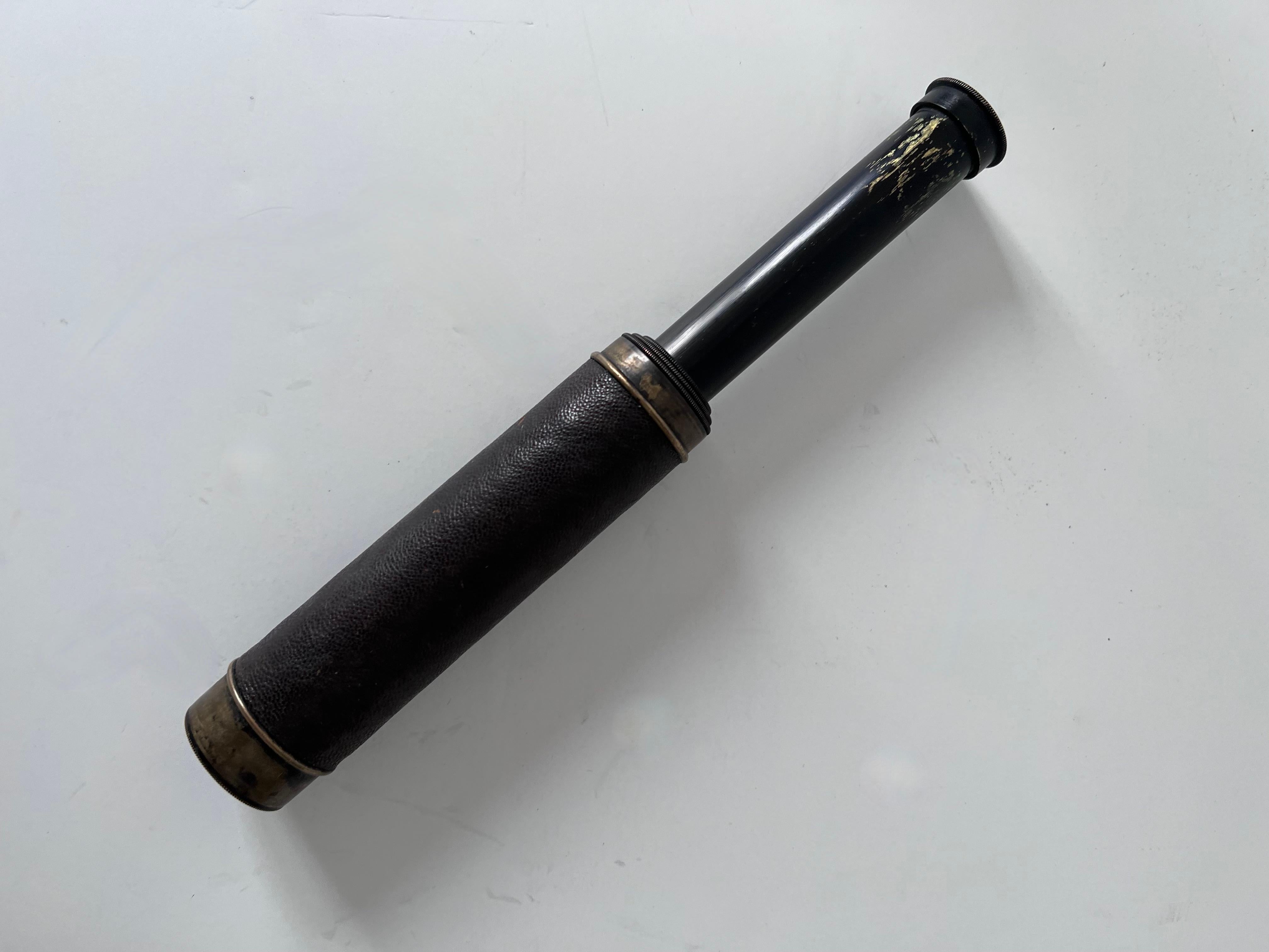Expandable Metal Brass Telescope Wrapped in Leather with Silver Caps for Lens For Sale 2