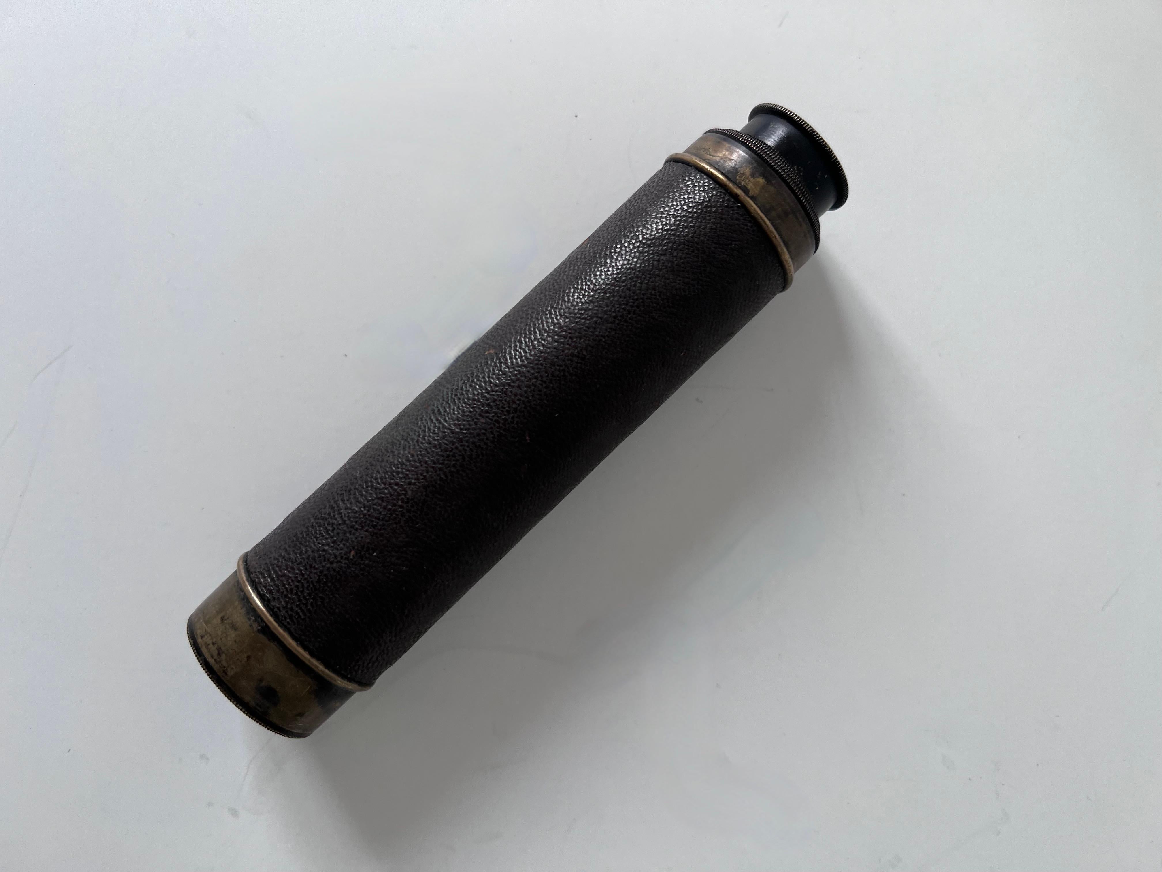 Expandable Metal Brass Telescope Wrapped in Leather with Silver Caps for Lens For Sale 3