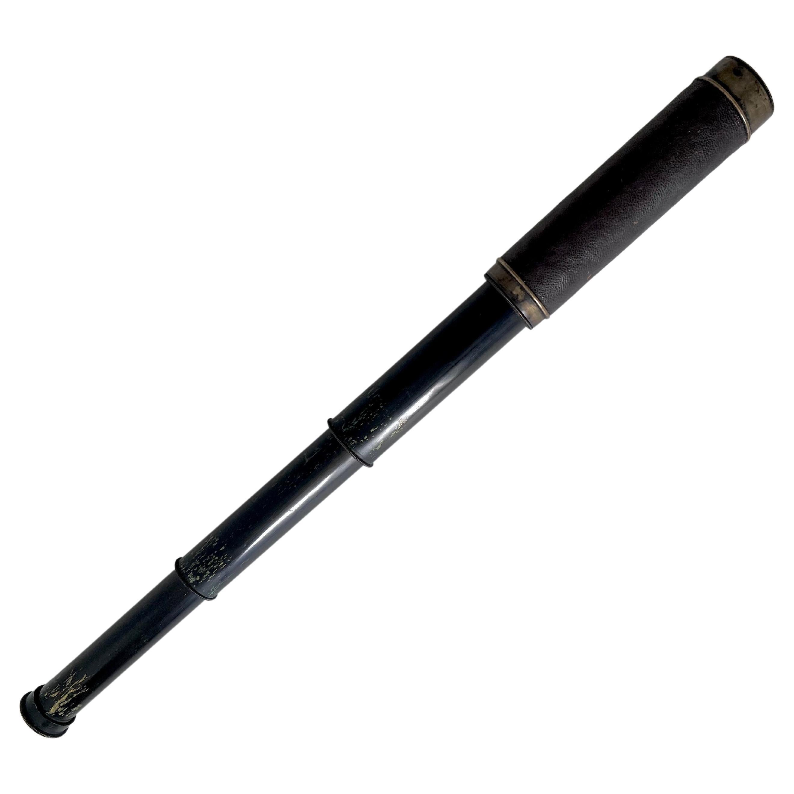 Expandable Metal Brass Telescope Wrapped in Leather with Silver Caps for Lens For Sale