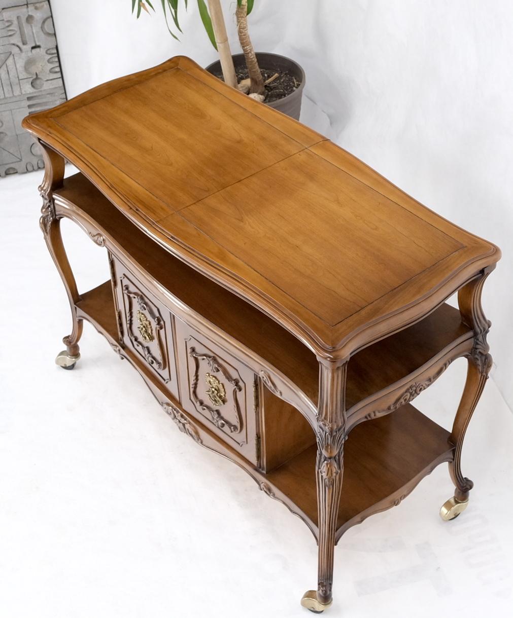 American Expandable Serving 3 Tier Carved Cart Table on Wheels Double Doors Compartment For Sale