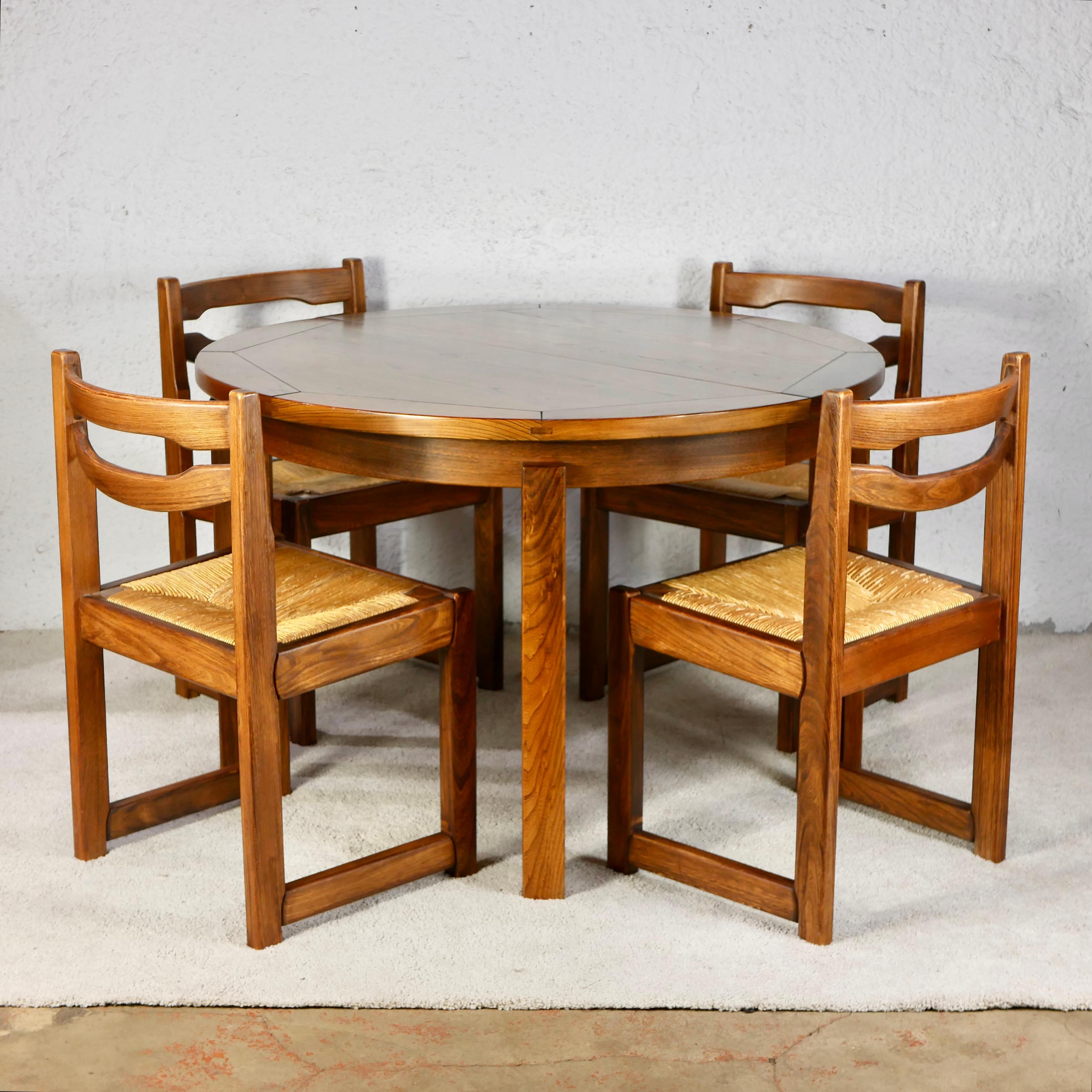 Expandable table (115-203cm) in solid elm by Maison Regain, 1970s, France 9