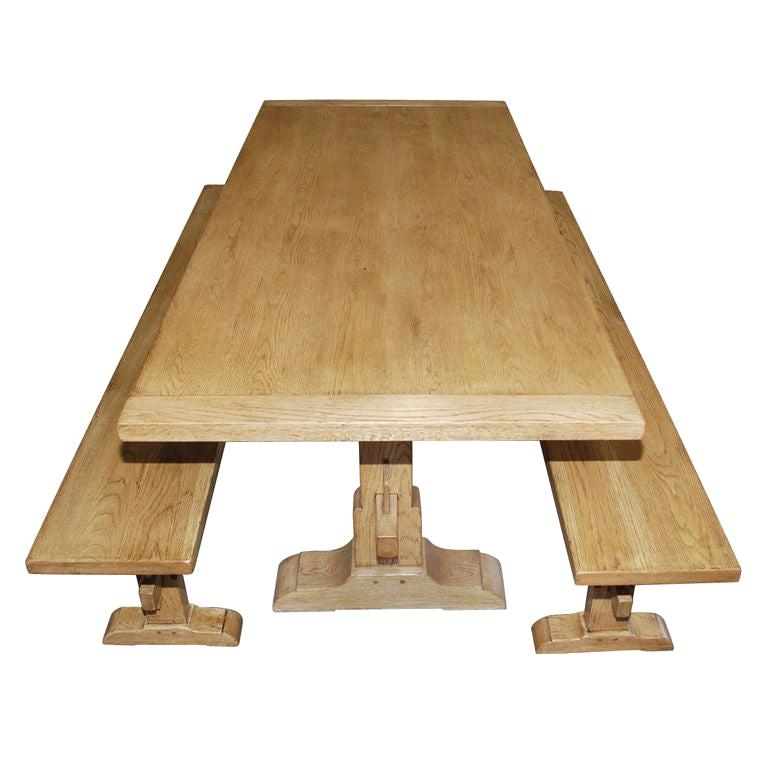 Expandable Trestle Table and Benches Made from Oak For Sale