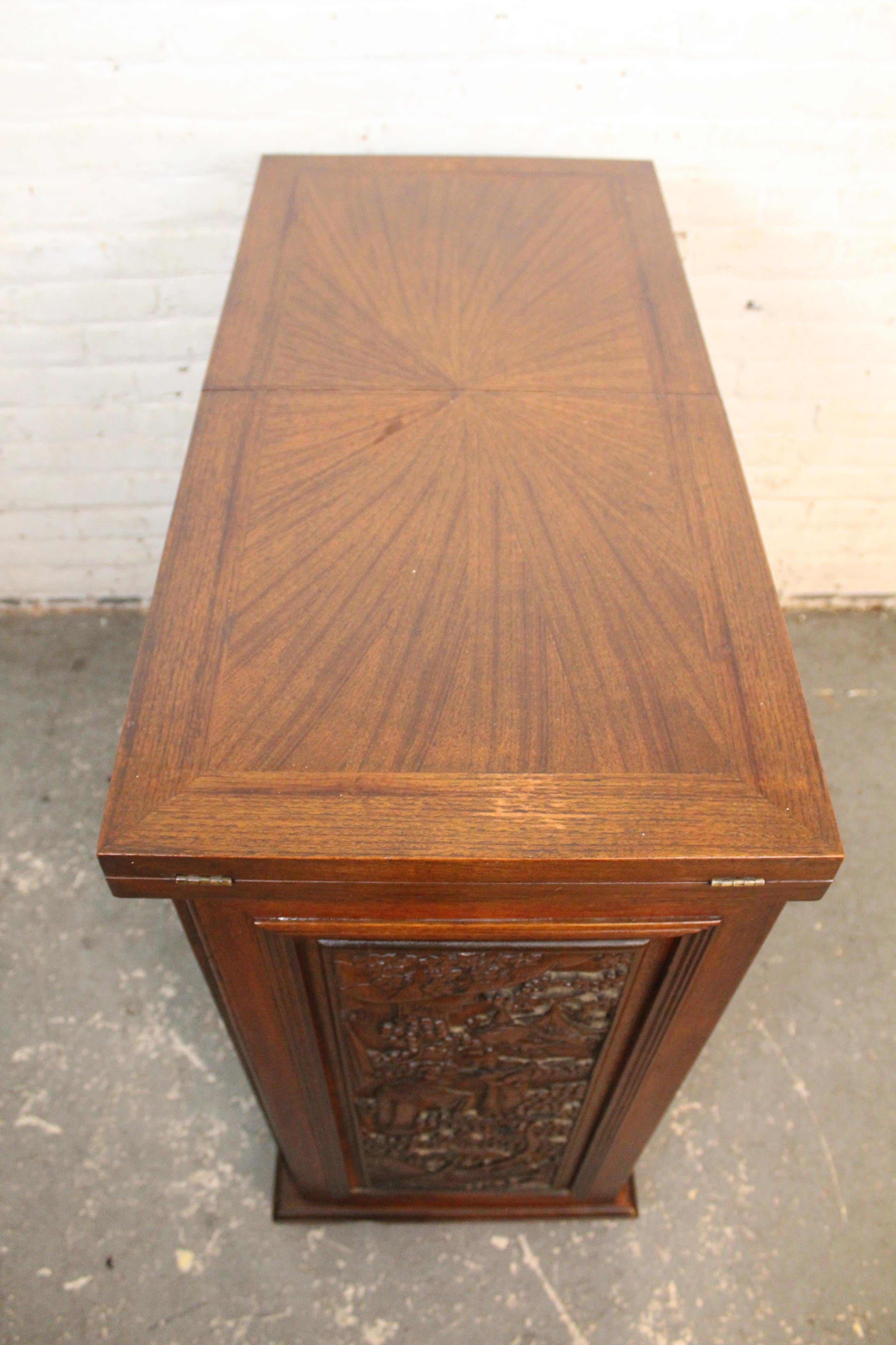 Chinoiserie Expanding Carved Asian Motif Bar w/ Marble Top For Sale
